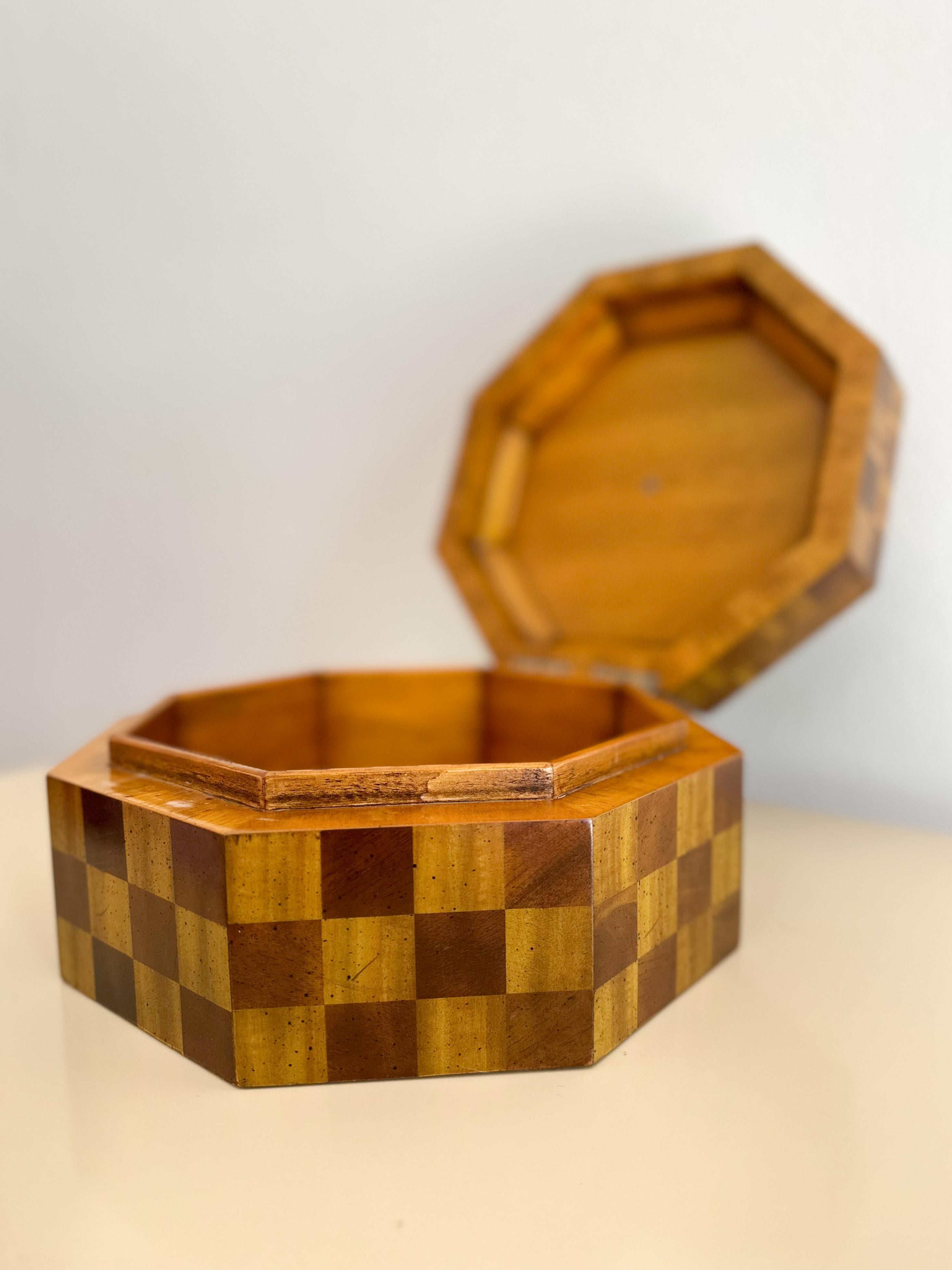1980s Maitland Smith Checkered Wood Octagonal Box 2