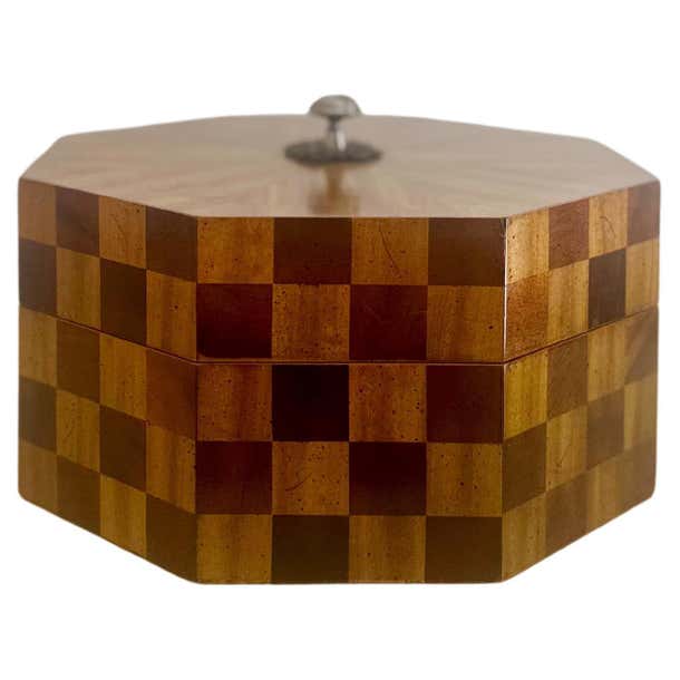 1980s Maitland Smith Checkered Wood Octagonal Box For Sale at 1stDibs