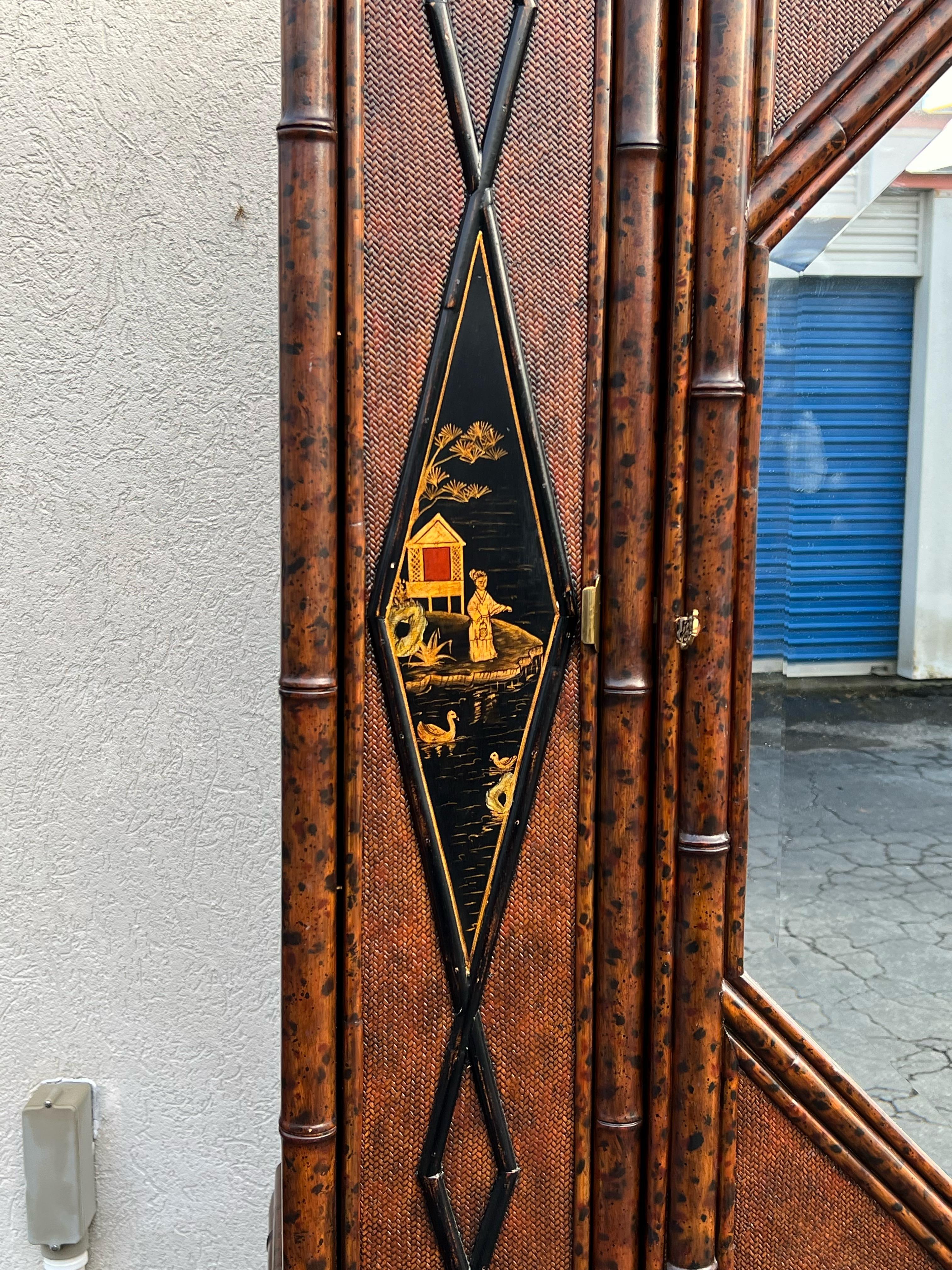 Aesthetic Movement 1980s Maitland-Smith English Style Burnt Bamboo Chinoiserie Armoire / Cabinet  For Sale