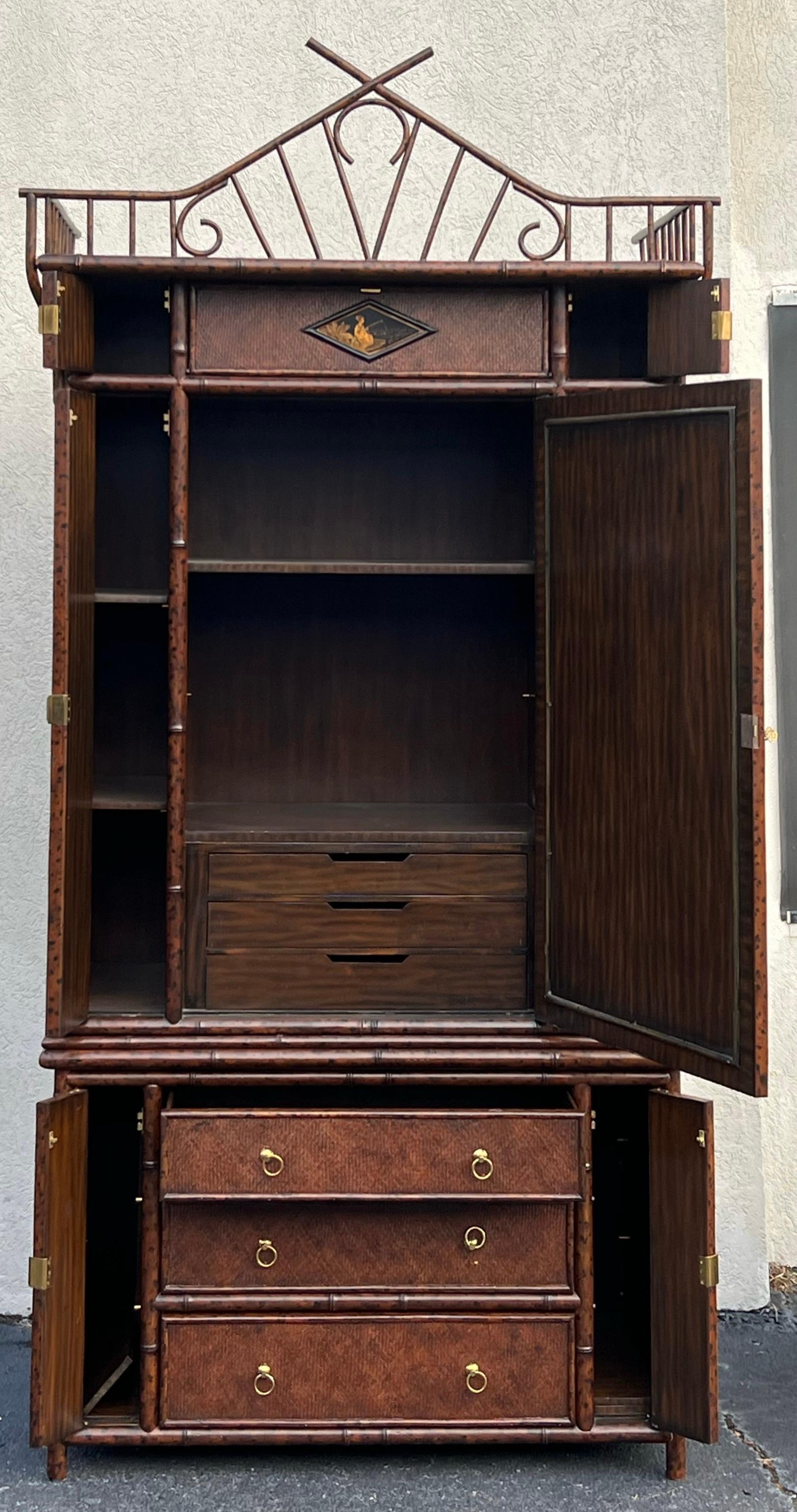 1980s Maitland-Smith English Style Burnt Bamboo Chinoiserie Armoire / Cabinet  In Good Condition For Sale In Kennesaw, GA