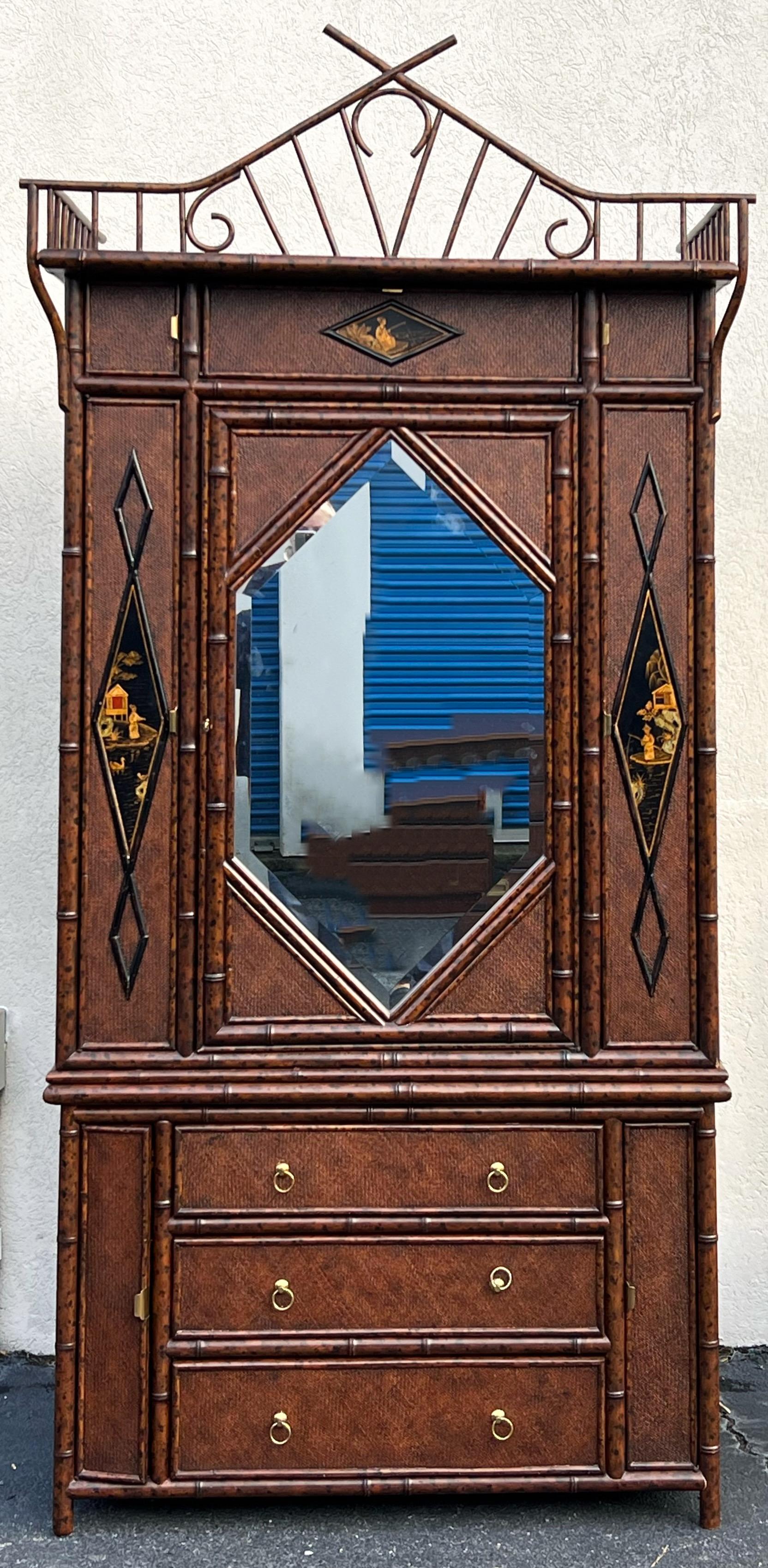 Wood 1980s Maitland-Smith English Style Burnt Bamboo Chinoiserie Armoire / Cabinet  For Sale