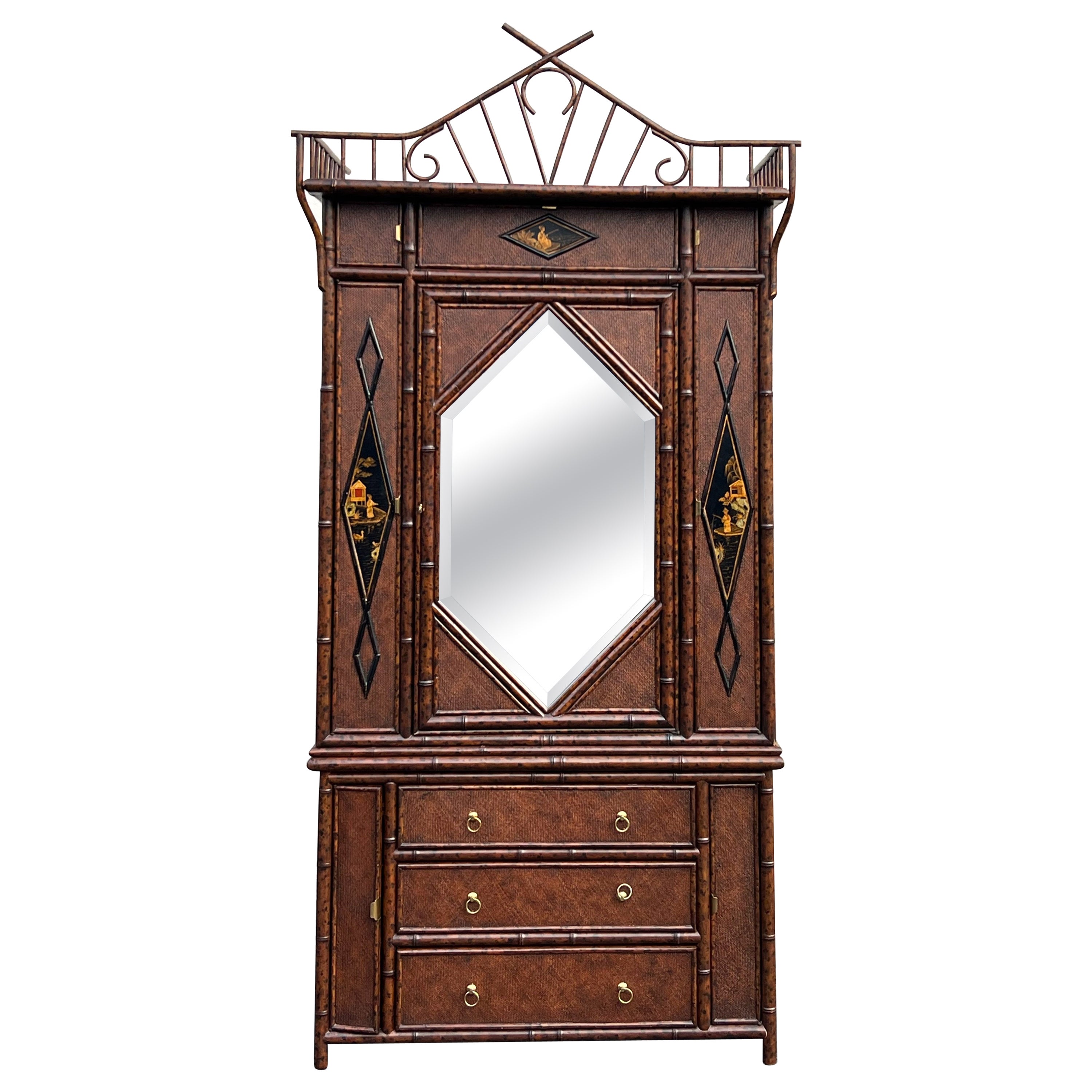 Armoire/armadio in stile inglese in bambù bruciato di Maitland Smith degli anni '80