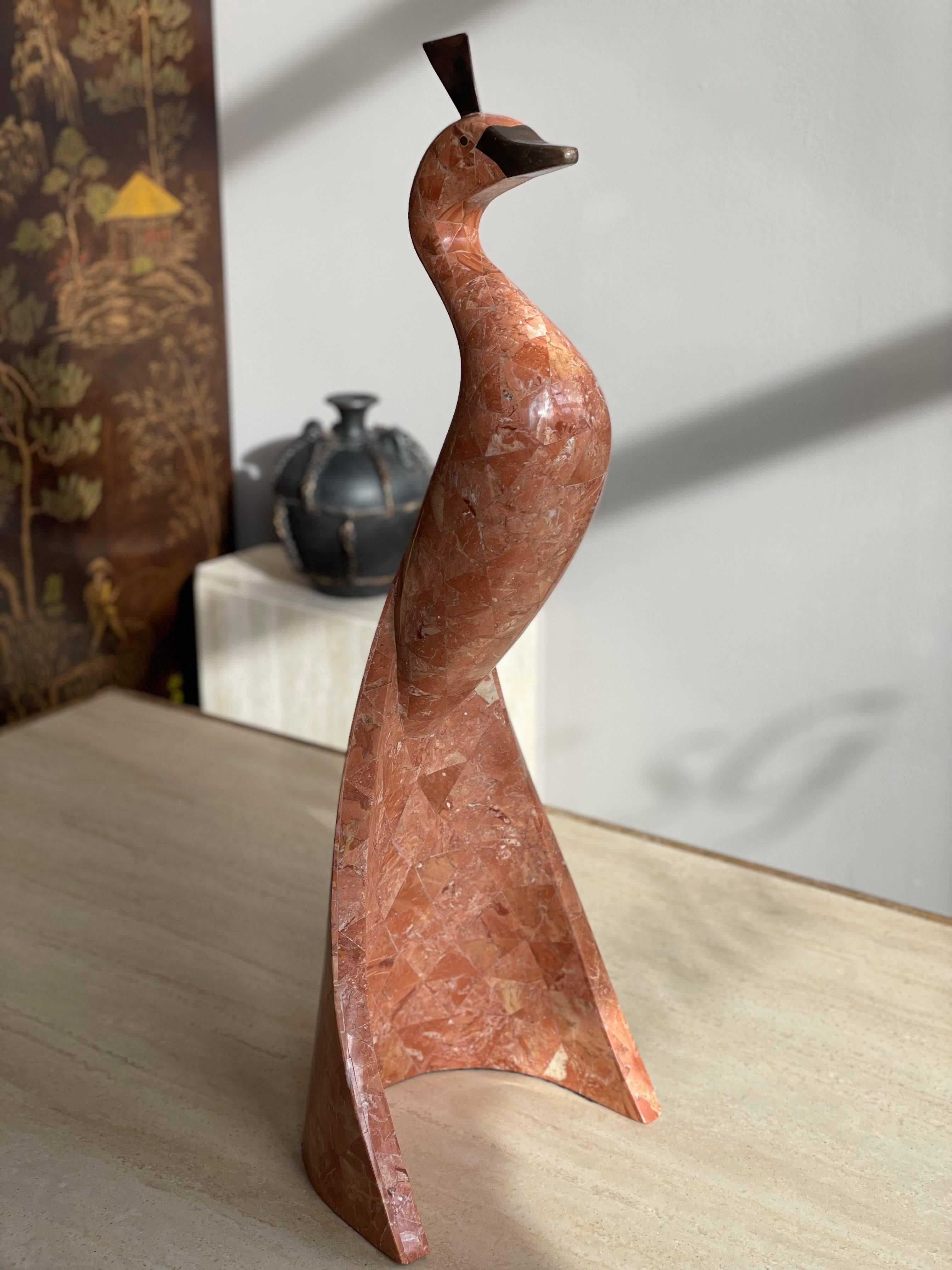 Modern 1980s Maitland Smith Fossilized Coral Peacock Bird Sculpture For Sale