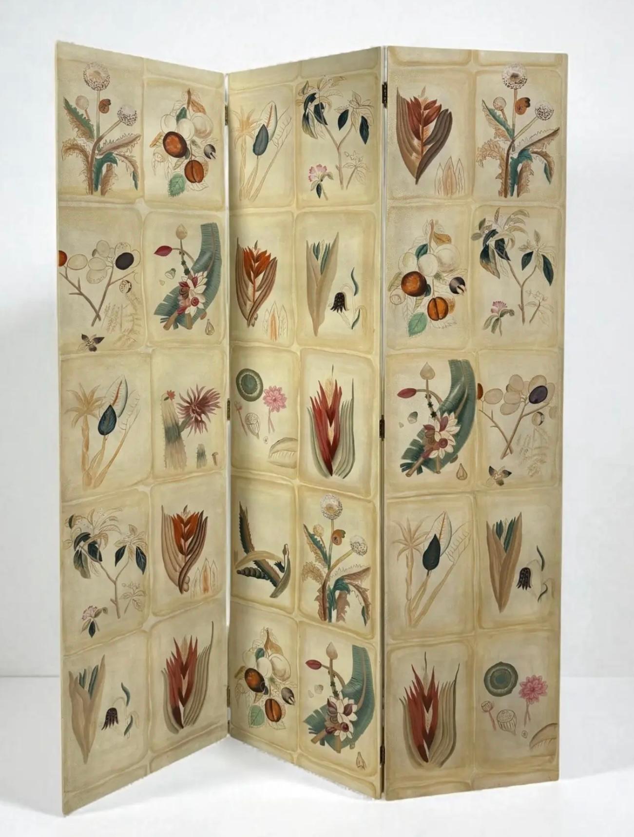 1980er Maitland Smith Handgemalte Botanische Blumen & Früchte Folding Screen im Angebot 1