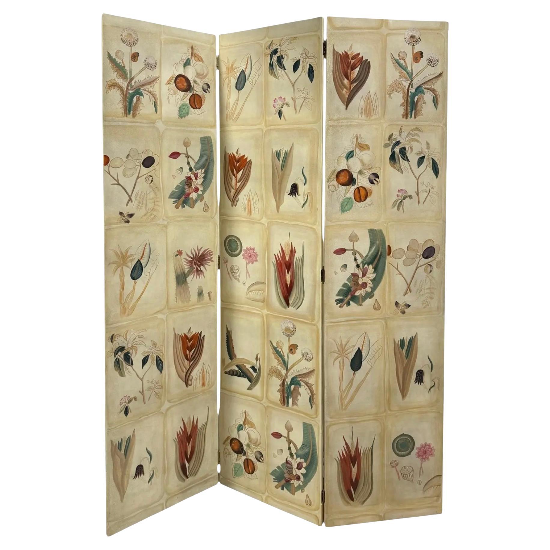 1980er Maitland Smith Handgemalte Botanische Blumen & Früchte Folding Screen im Angebot