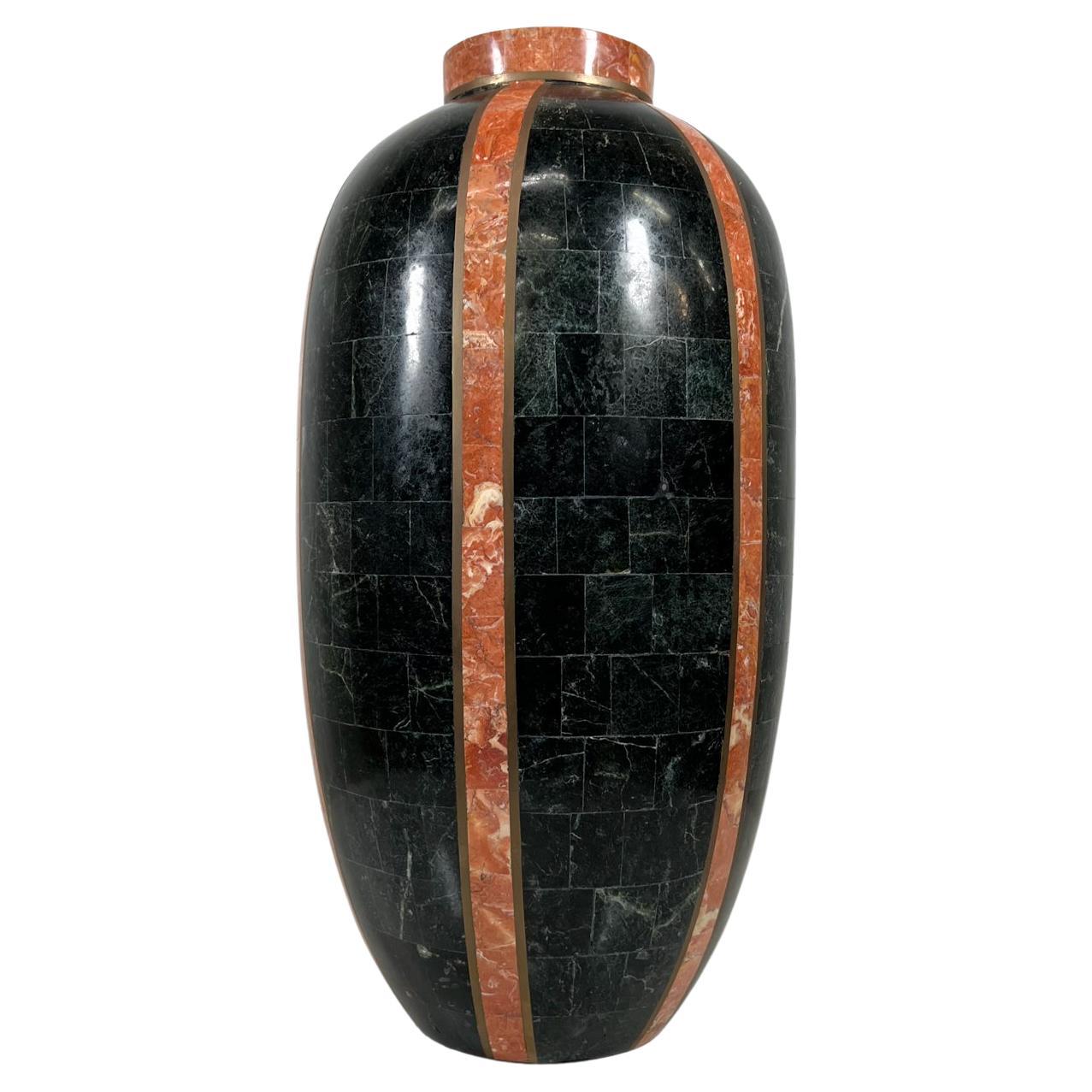 1980s Maitland Smith Modern Tessellated Stone Vase Black and Tan Brass Inlay For Sale