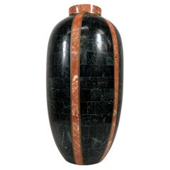 1980s Maitland Smith Modern Tessellated Stone Vase Black and Tan Brass Inlay