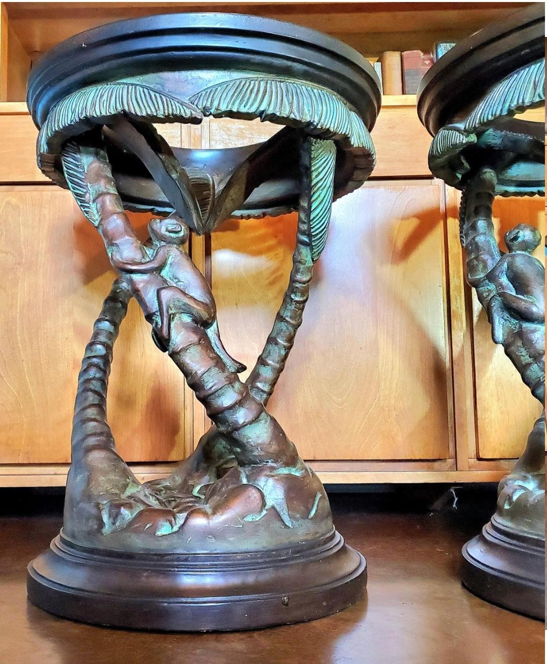 Art Nouveau 1980s Maitland Smith Palm Tree and Monkey Guilded Carved Side Tables, a Pair