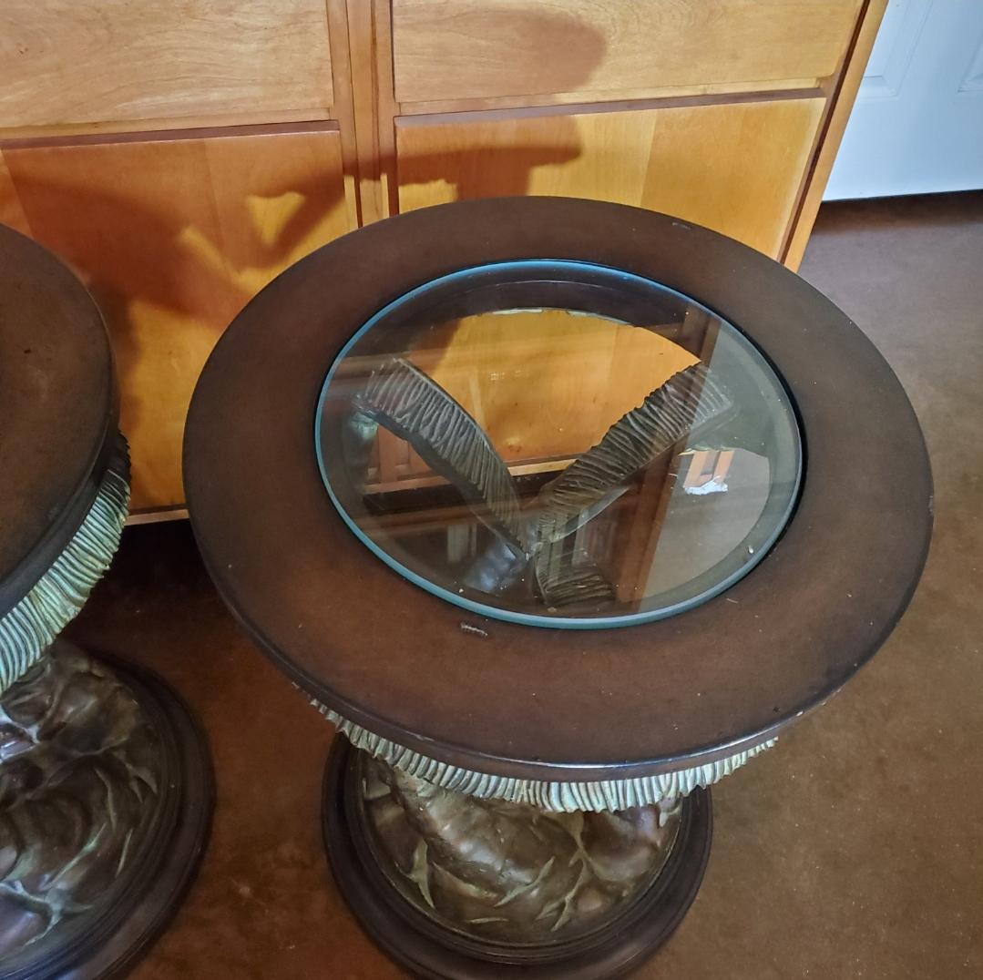 1980s Maitland Smith Palm Tree and Monkey Guilded Carved Side Tables, a Pair In Good Condition In Waxahachie, TX