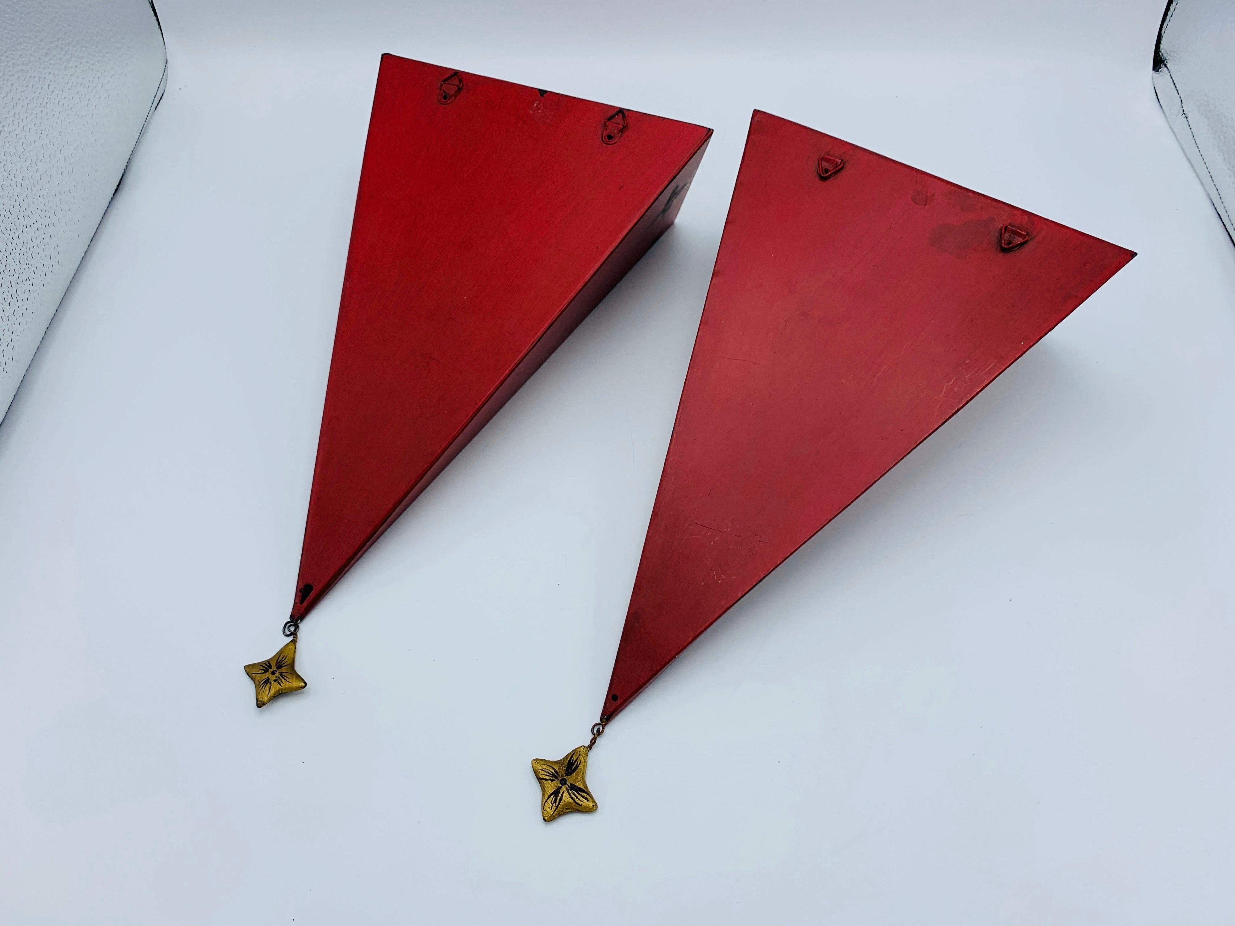1980s Maitland Smith Red Tole Wall Hanging Shelves, Pair 4