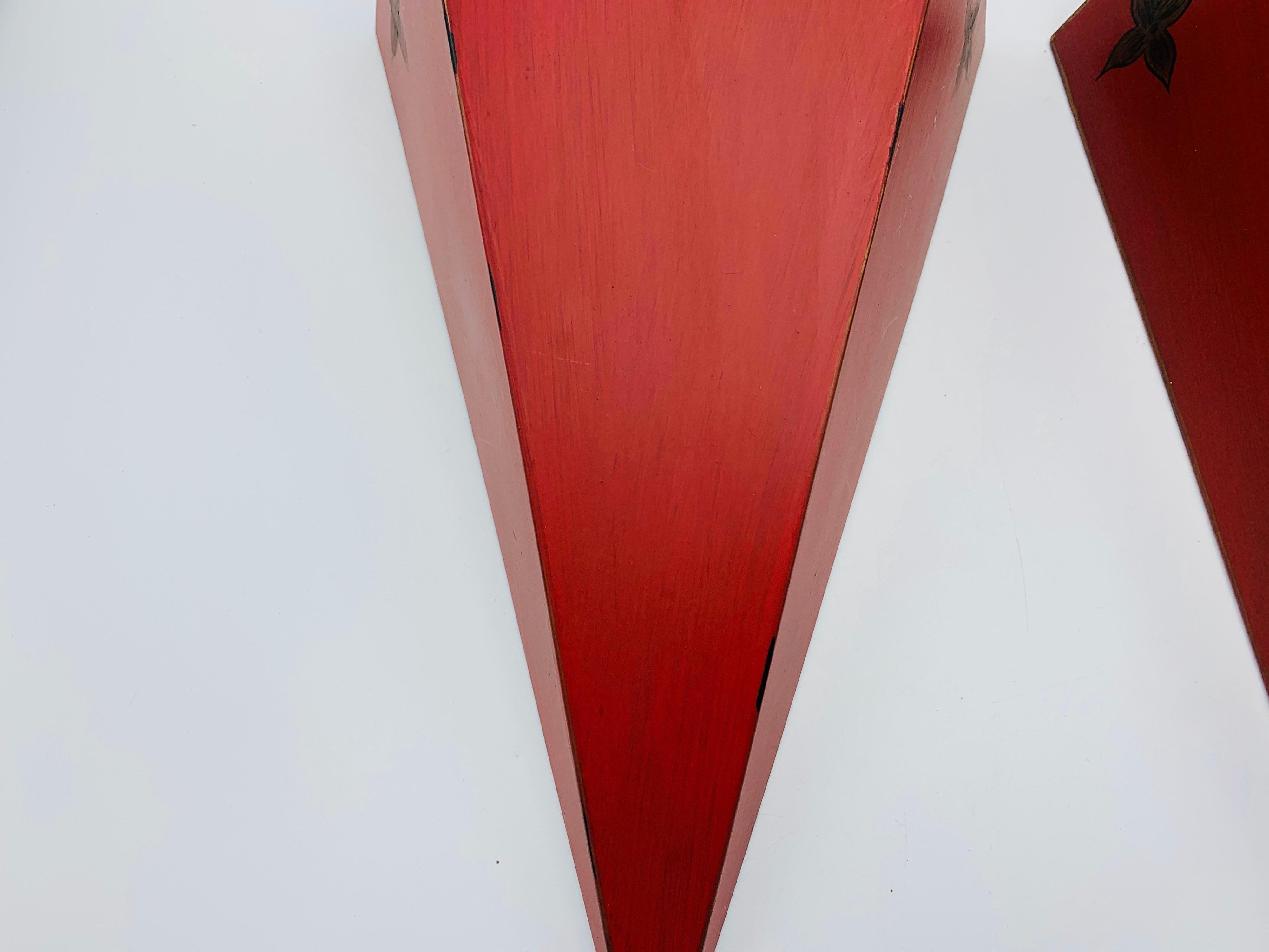 Hollywood Regency 1980s Maitland Smith Red Tole Wall Hanging Shelves, Pair