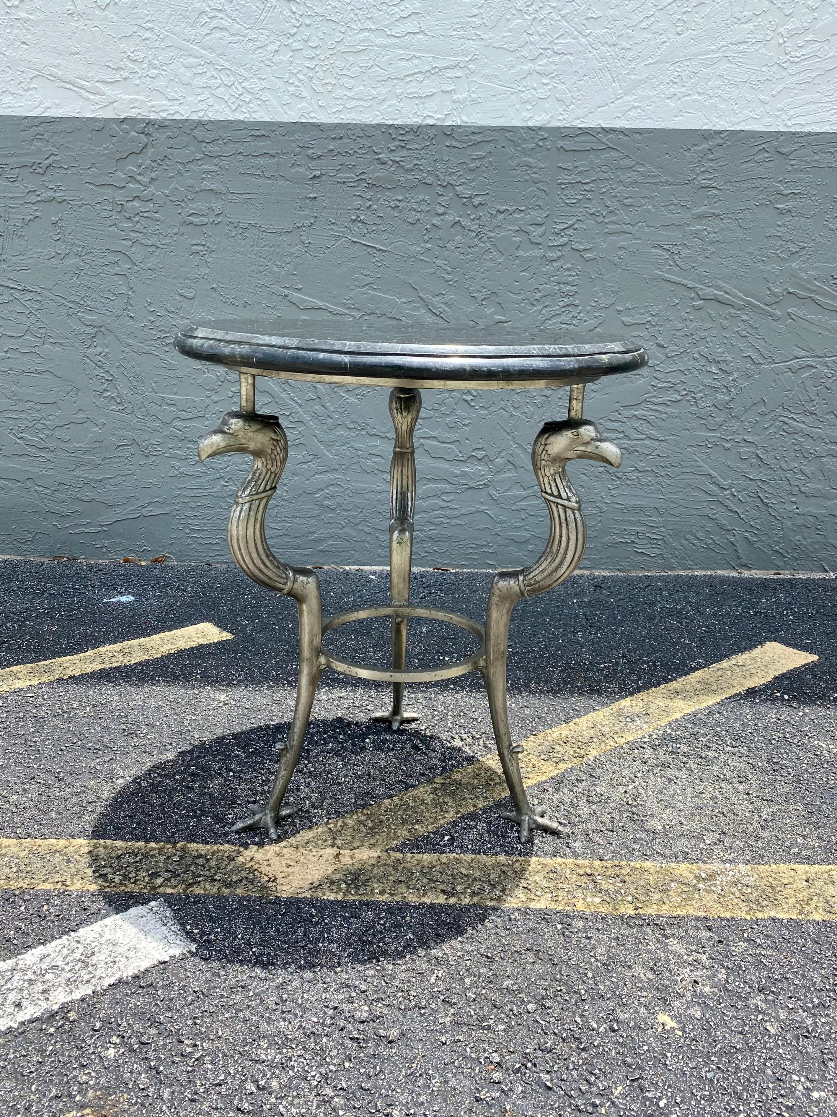 Metal 1980s Maitland Smith Round Iron Eagle Faux Marble Mosaic Wood Top Gueridon Table For Sale