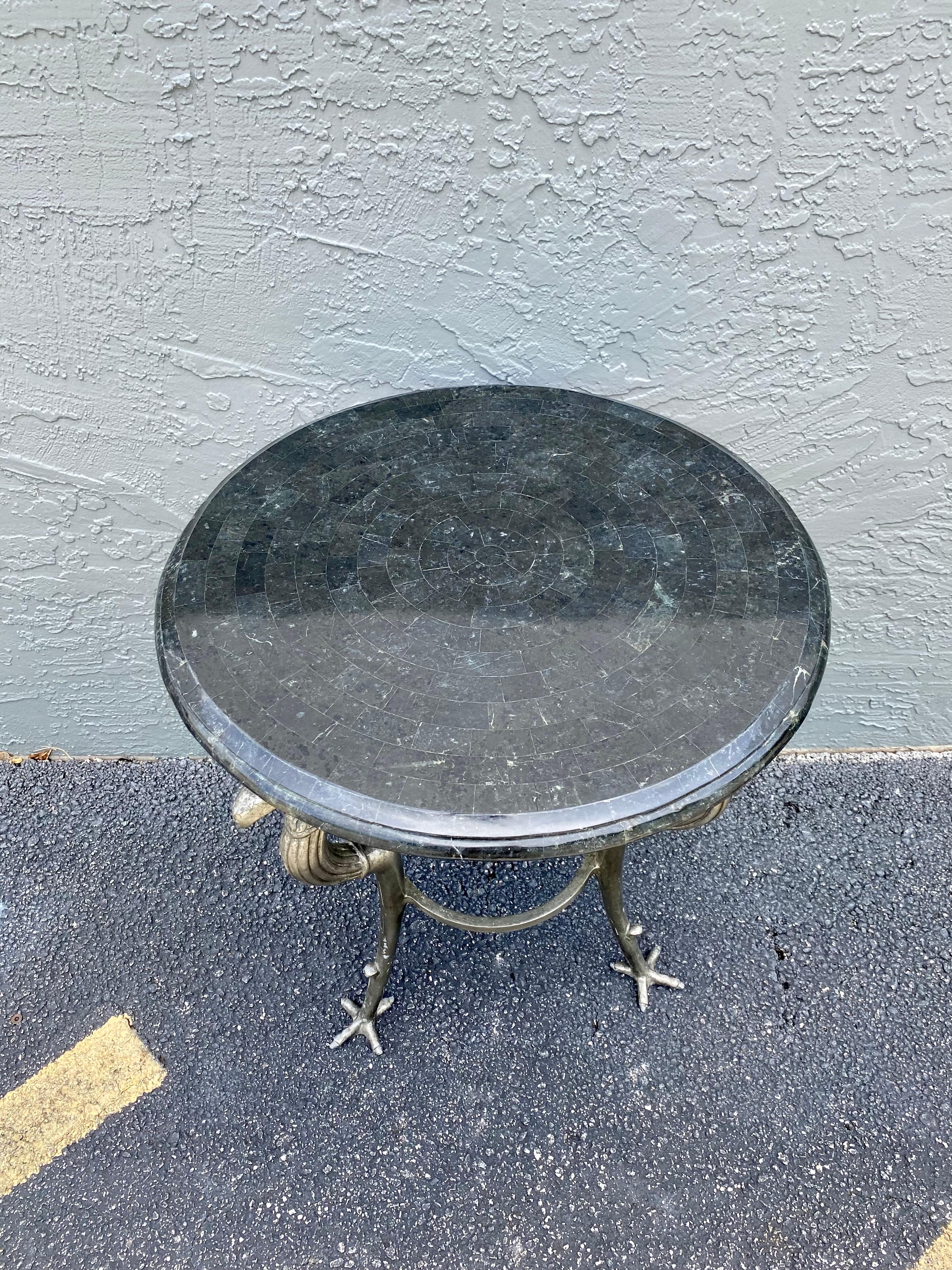 1980s Maitland Smith Round Iron Eagle Faux Marble Mosaic Wood Top Gueridon Table For Sale 1