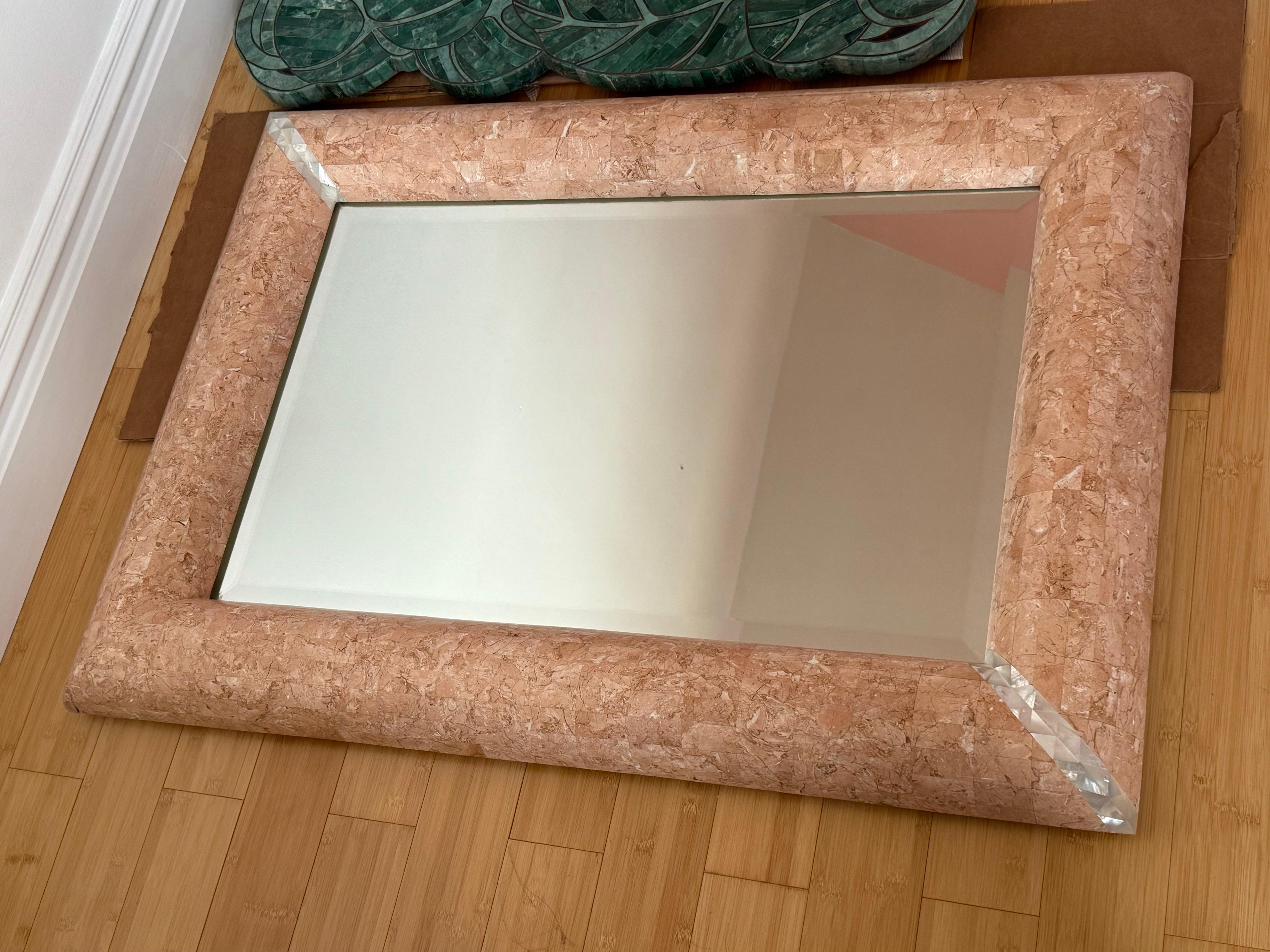 1980s Maitland Smith Style Pink Travertine Stone Mirror In Good Condition For Sale In Staten Island, NY