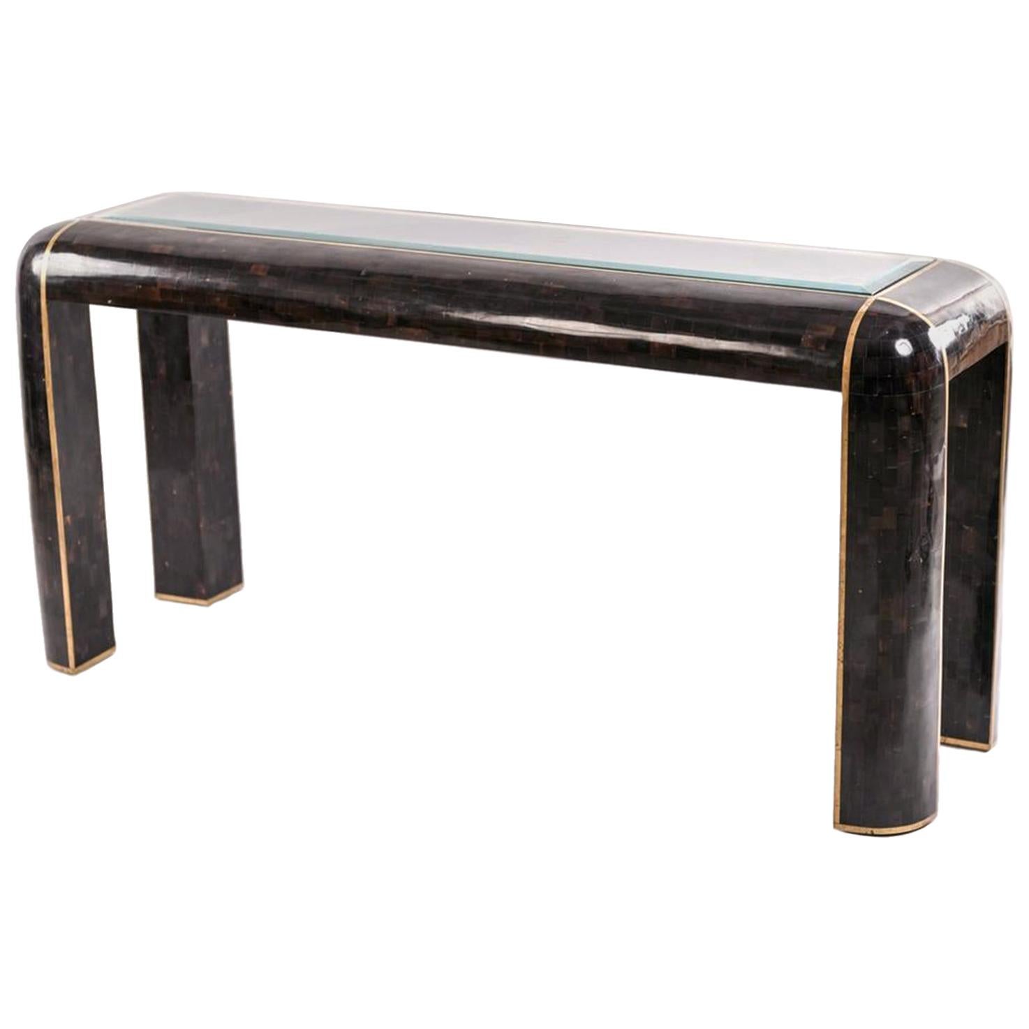 1980s Maitland Smith Tessellated Horn and Brass Console Table