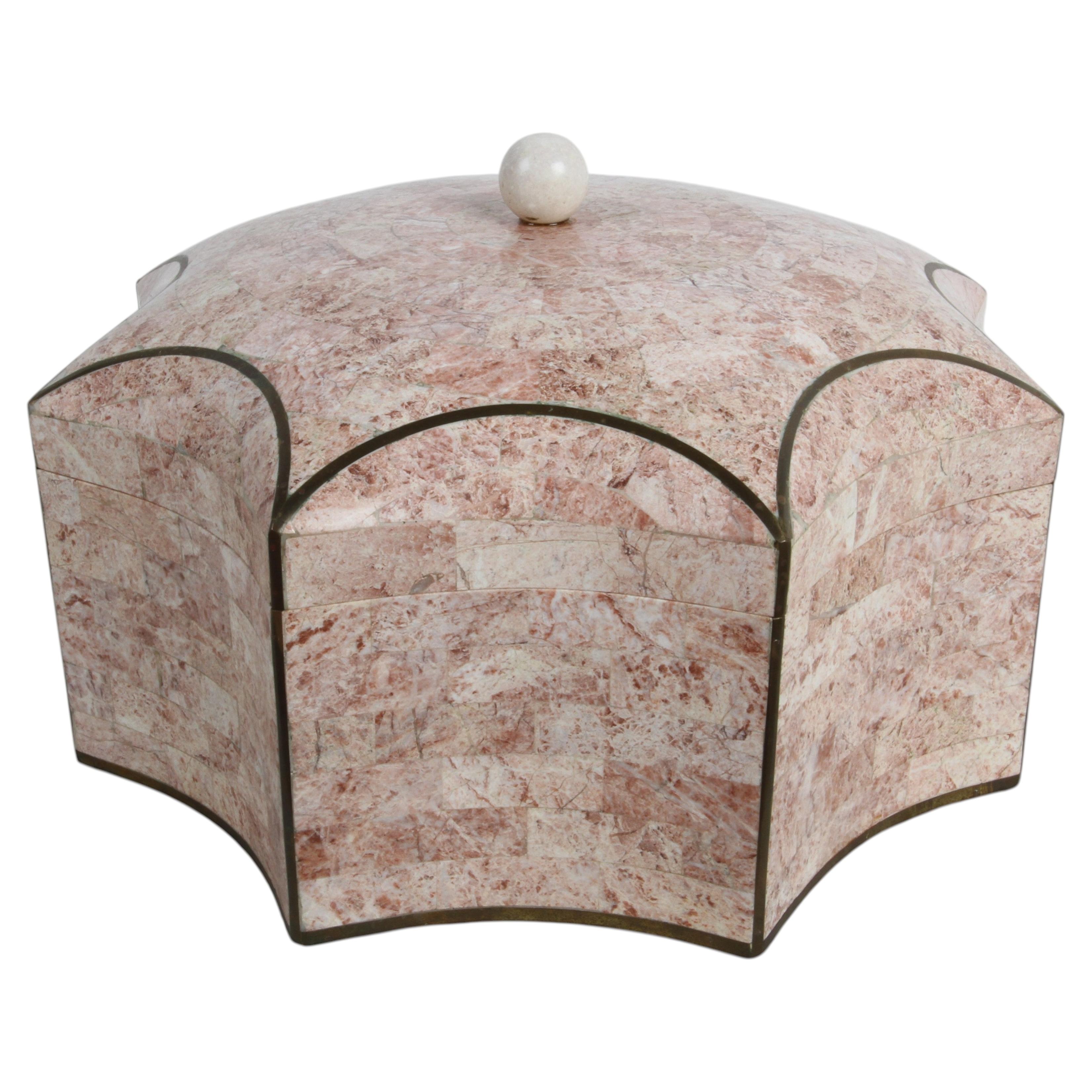 1980s Maitland-Smith Tessellated Pink Stone Octagonal Scalloped Lidded Box