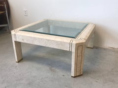1980s Maitland-Smith Tessellated Stone and Brass Inlay Coffee Table with Glass