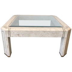 1980s Maitland-Smith Tessellated Stone and Brass Inlay Coffee Table with Glass