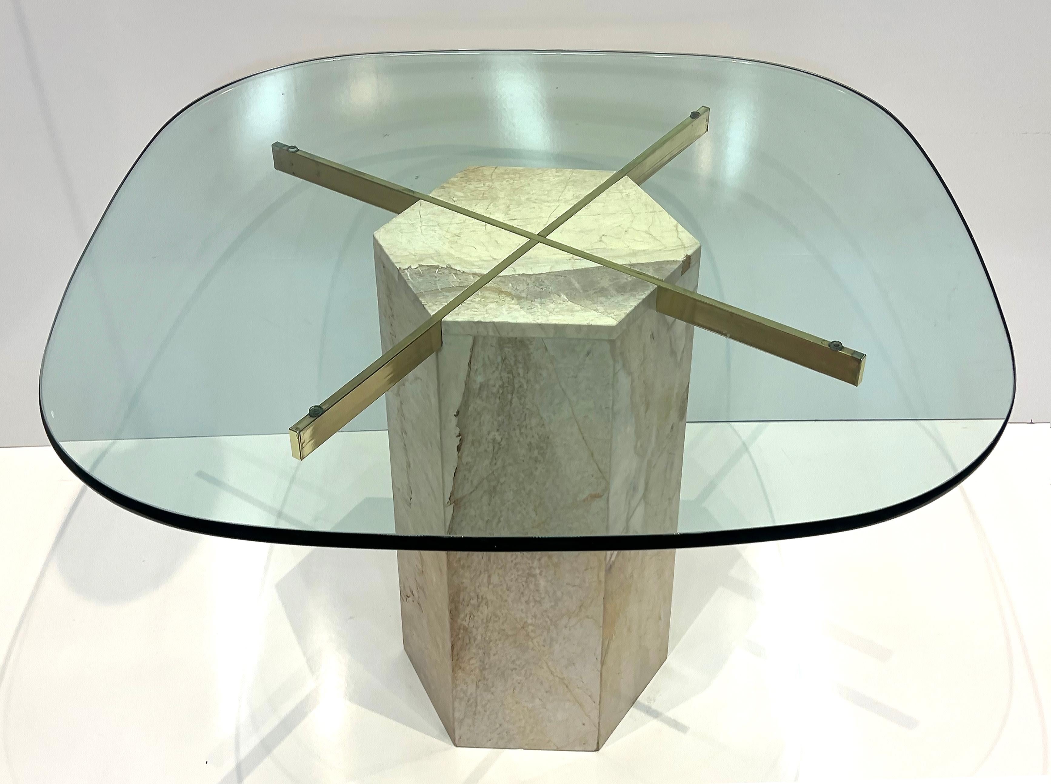 Modern 1980s Marble and Brass Ello Game Dining Table with Glass Top