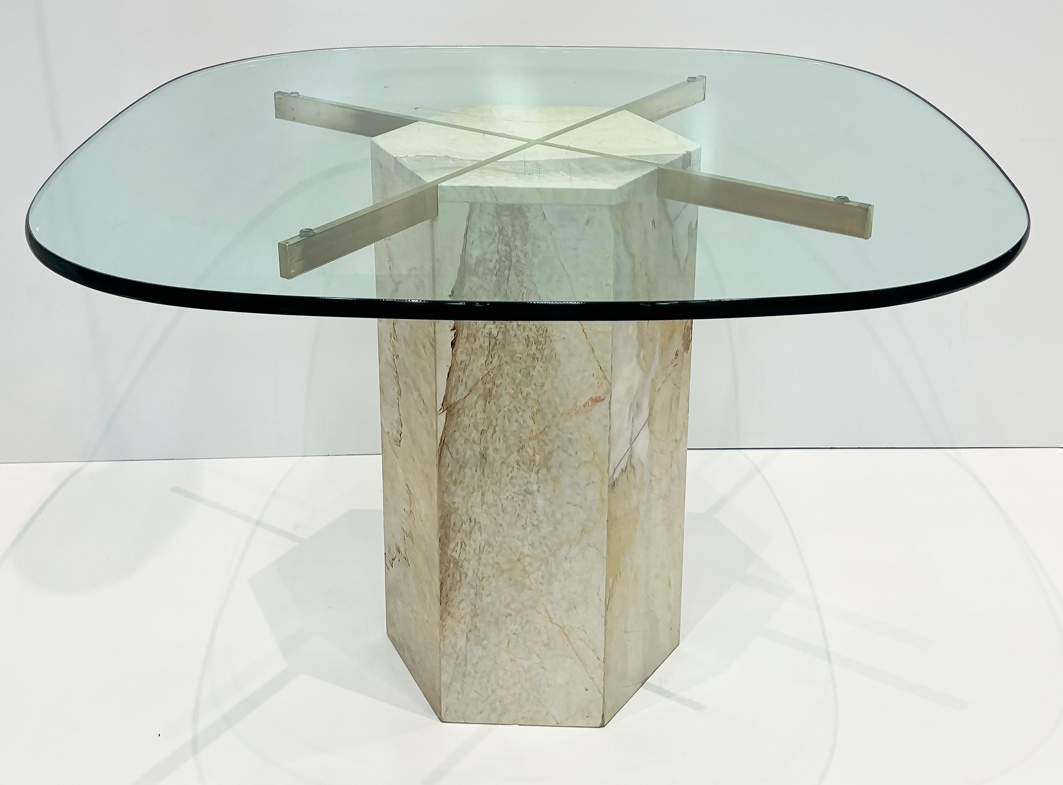 Italian 1980s Marble and Brass Ello Game Dining Table with Glass Top