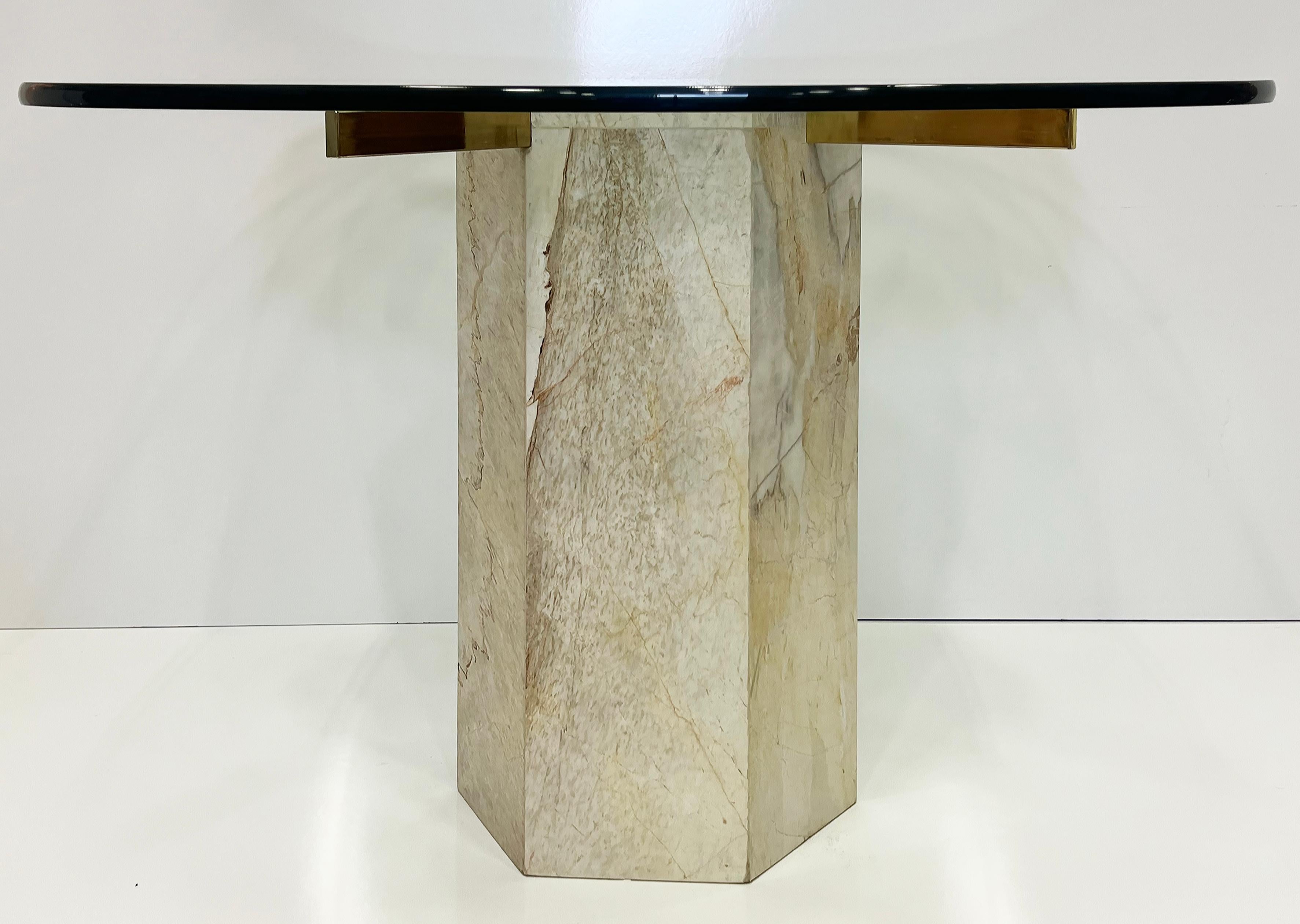 1980s Marble and Brass Ello Game Dining Table with Glass Top In Good Condition In Miami, FL