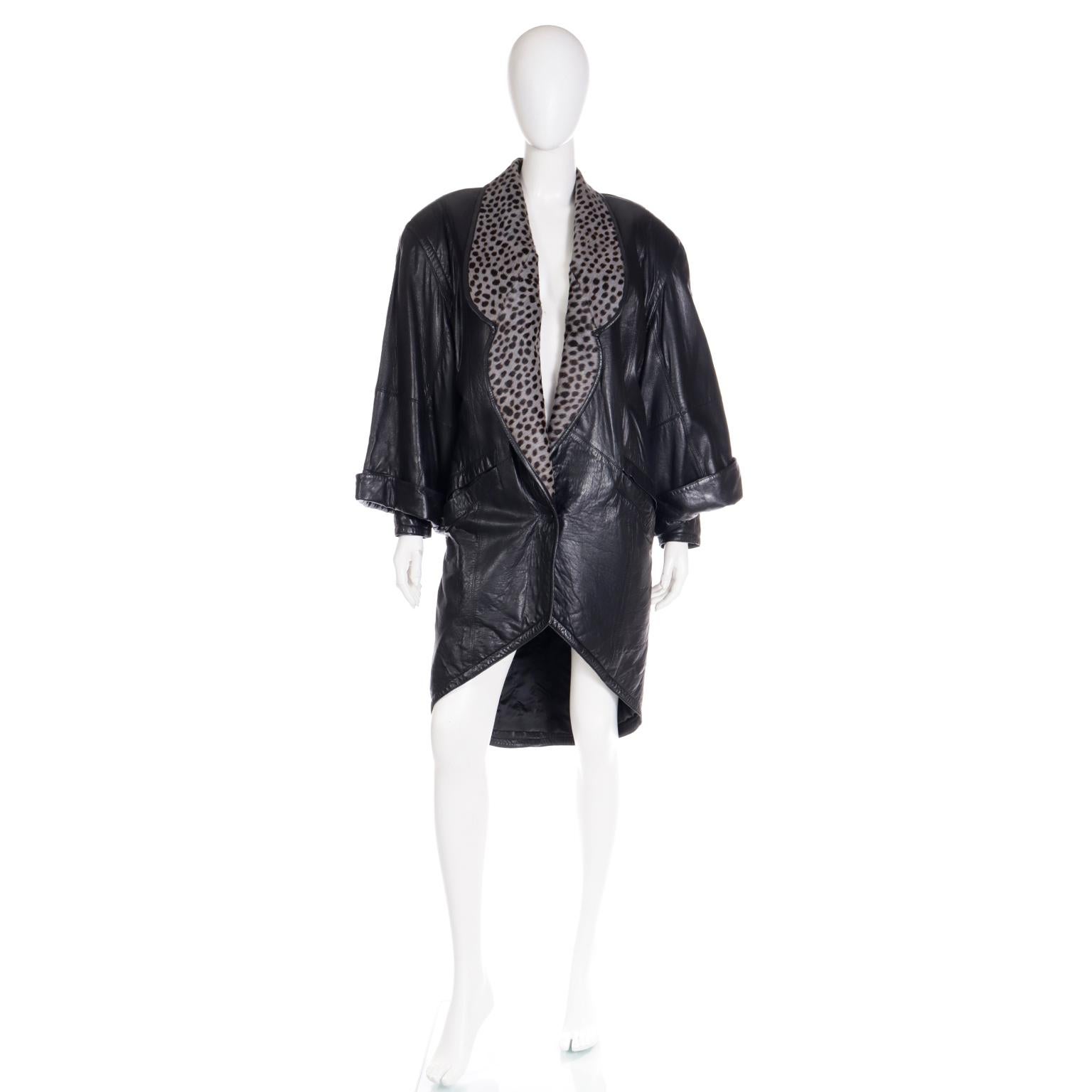 This fabulous vintage 1980's Marc Buchanan Pelle Pelle coat reminded us so much of some vintage Claude Montana pieces we have sold in the past. The black leather coat has so many unique details that really make it so exceptional! The cut is