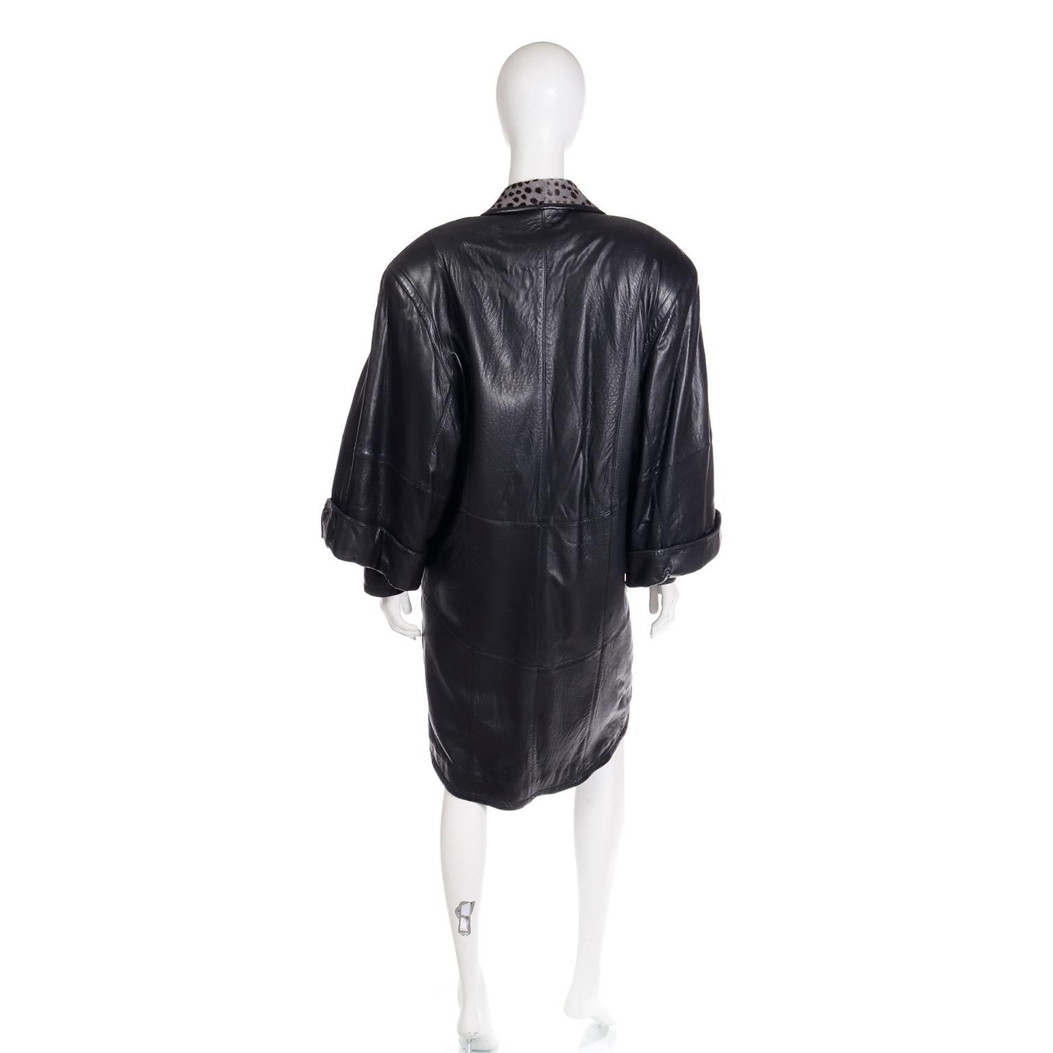 Women's 1980s Marc Buchanan Pele Pele Vintage Black Leather Coat w Leopard Pony Fur 