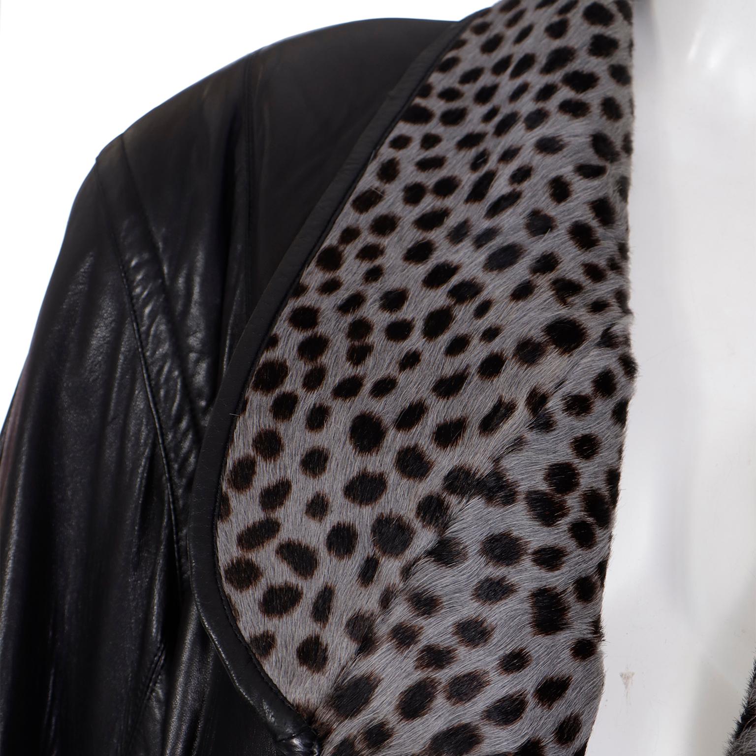 1980s Marc Buchanan Pele Pele Vintage Black Leather Coat w Leopard Pony Fur  2