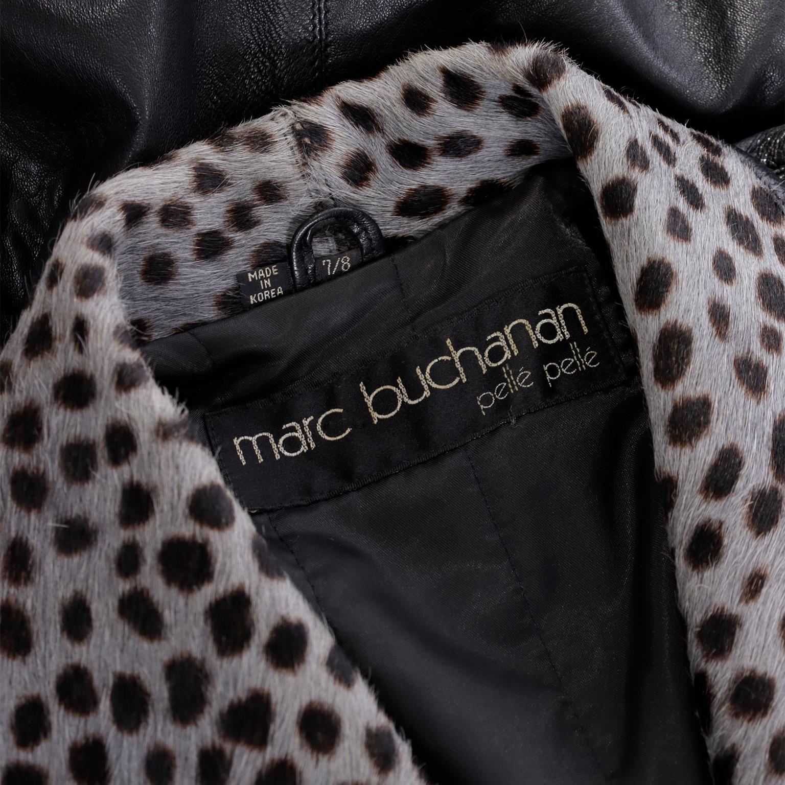 1980s Marc Buchanan Pele Pele Vintage Black Leather Coat w Leopard Pony Fur  5