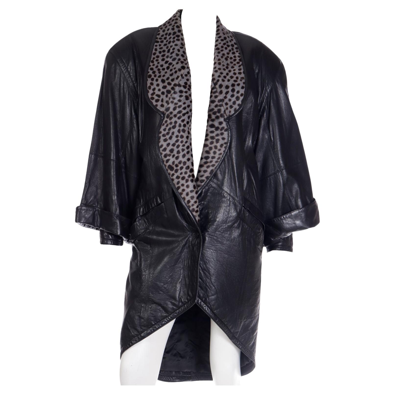 1980s Marc Buchanan Pele Pele Vintage Black Leather Coat w Leopard Pony Fur 