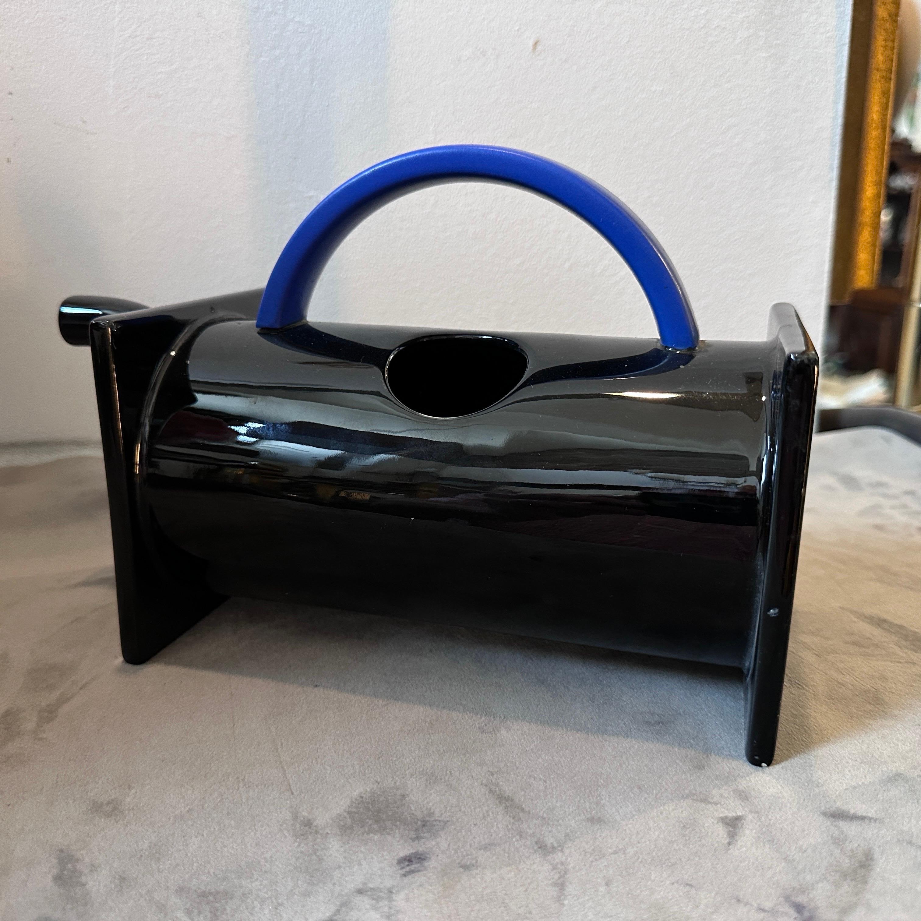 A Memphis Milano black and blue ceramic tea pot designed by Marco Zanini for Bitossi in perfect conditions. The tea pot by Marco Zanini is a stunning piece of functional art. It embodies the iconic style of the Memphis Group, known for its bold