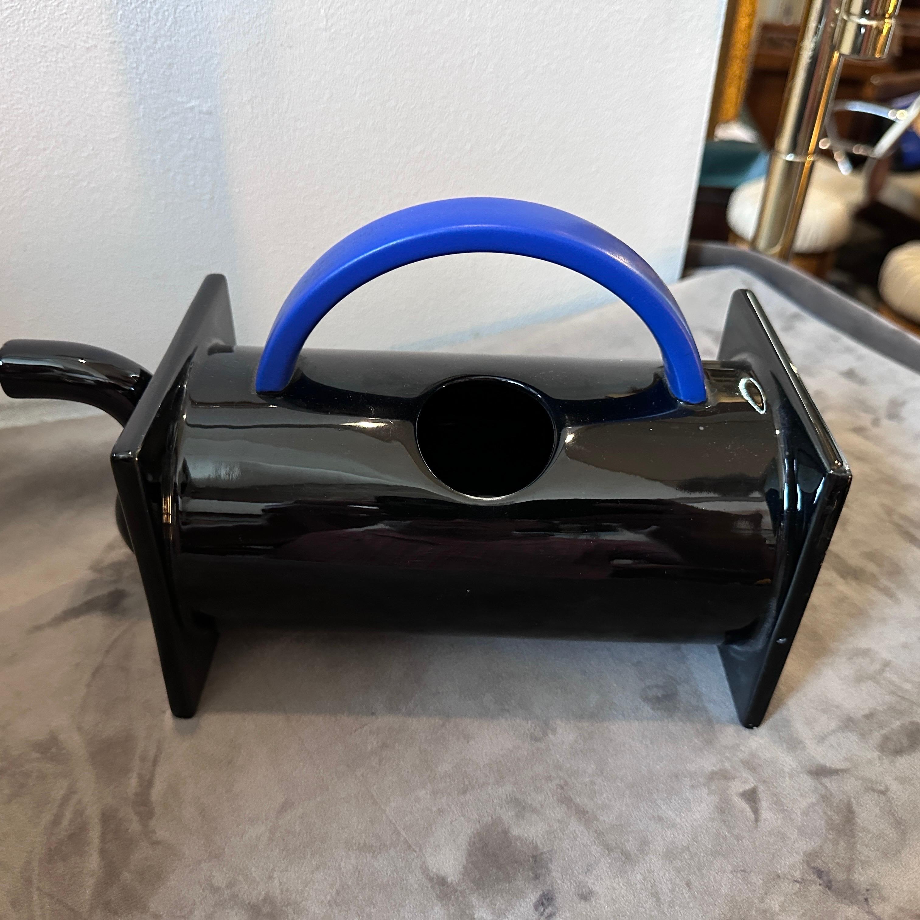 Post-Modern 1980s Marco Zanini for Bitossi Memphis Milano Black and Blue Ceramic Teapot For Sale