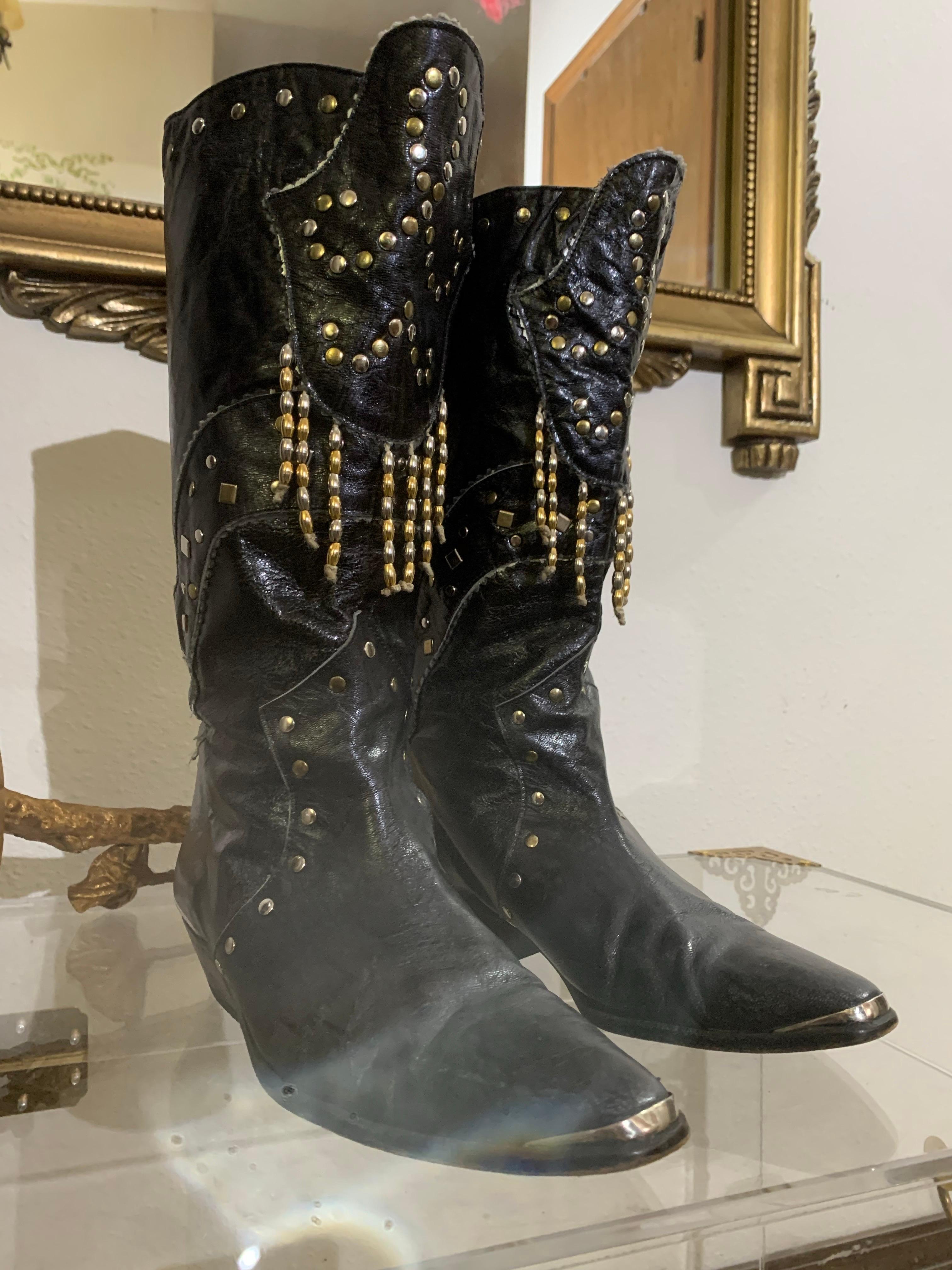 1980s Margaret Jerrold Black Leather Western Boots w Brass & Chrome Stud Fringe For Sale 6