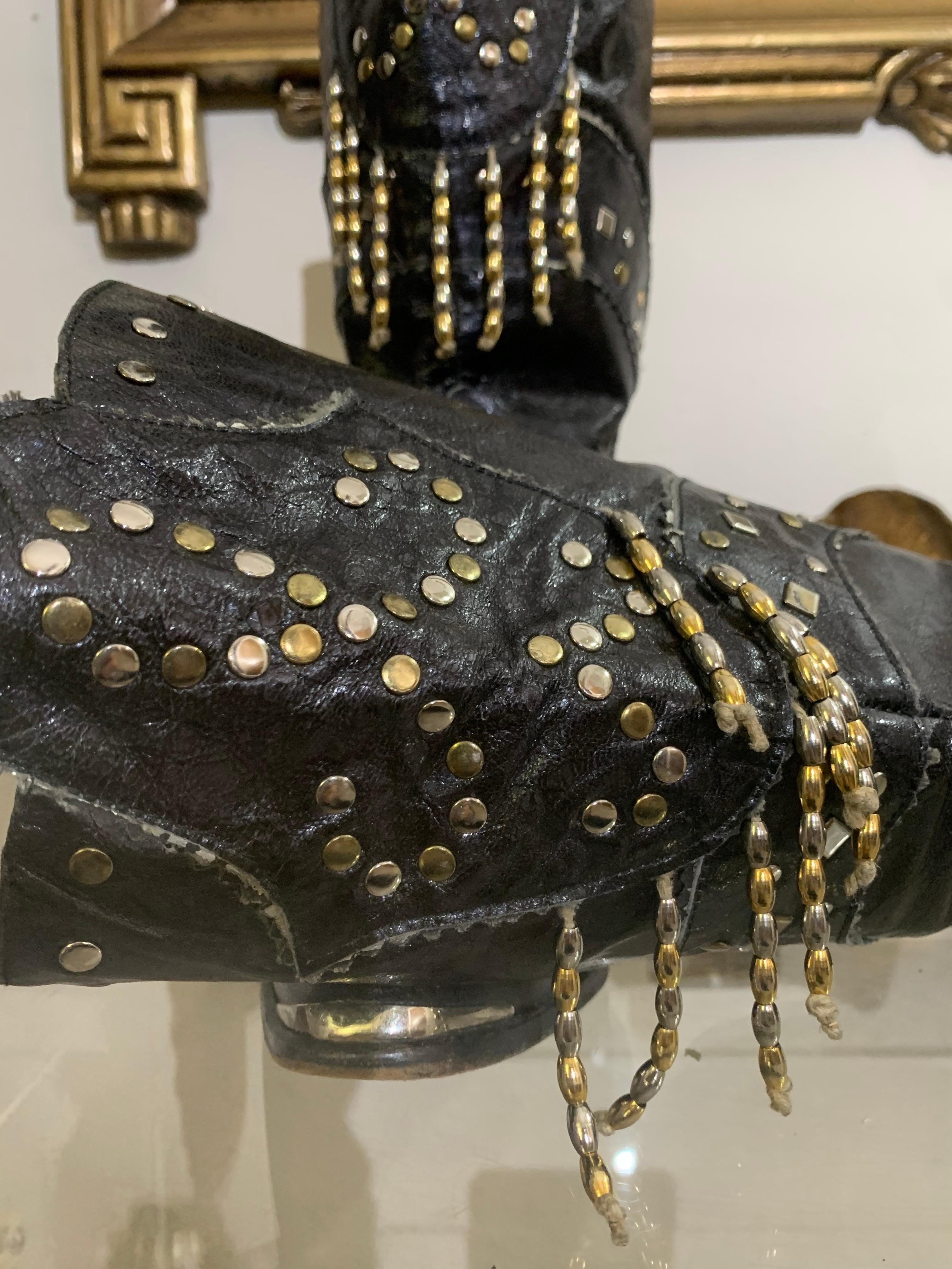 1980s Margaret Jerrold Black Leather Western Boots w Brass & Chrome Stud Fringe For Sale 7