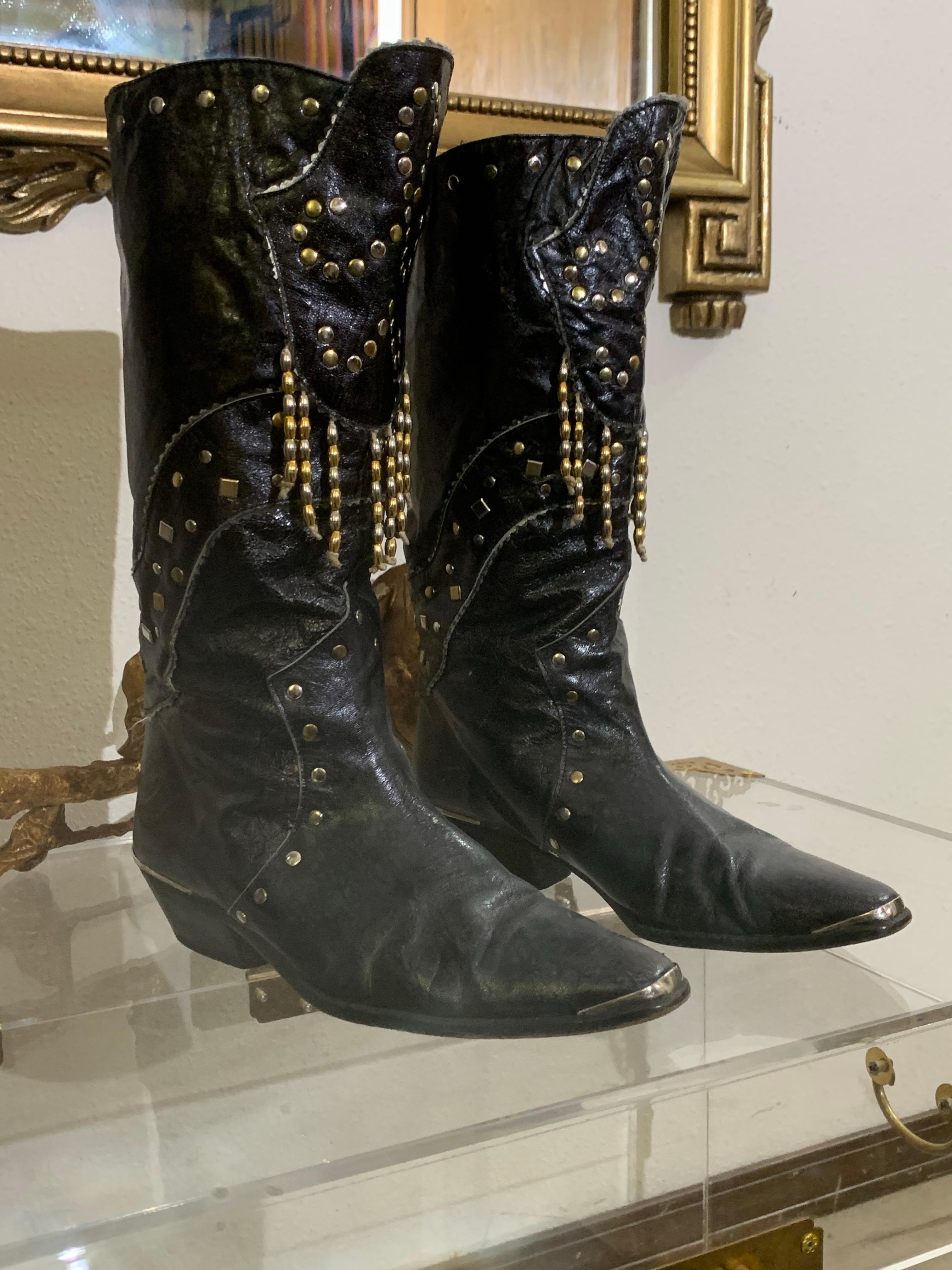 1980s Margaret Jerrold Black Women's Leather Western Boots w Brass & Chrome Stud Fringe: Cuban heel and metal toe guards. US size 8 N