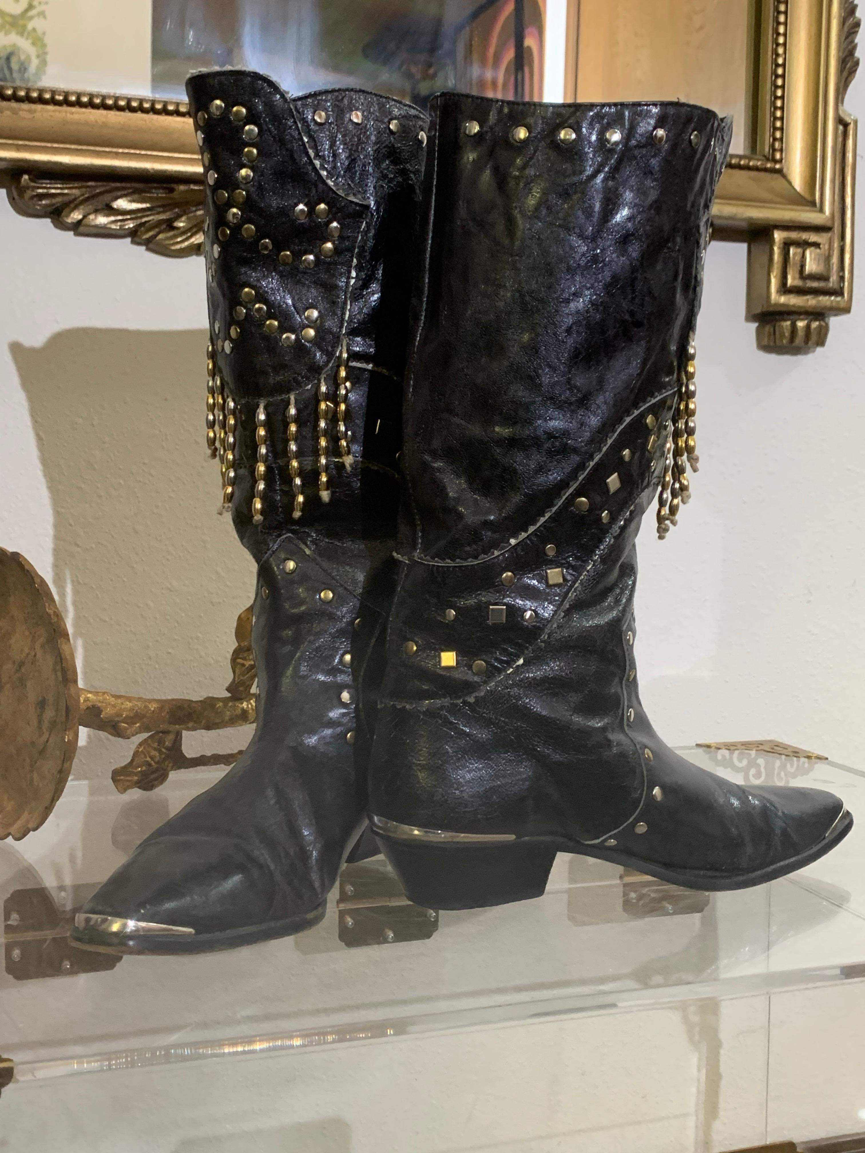 Women's 1980s Margaret Jerrold Black Leather Western Boots w Brass & Chrome Stud Fringe For Sale