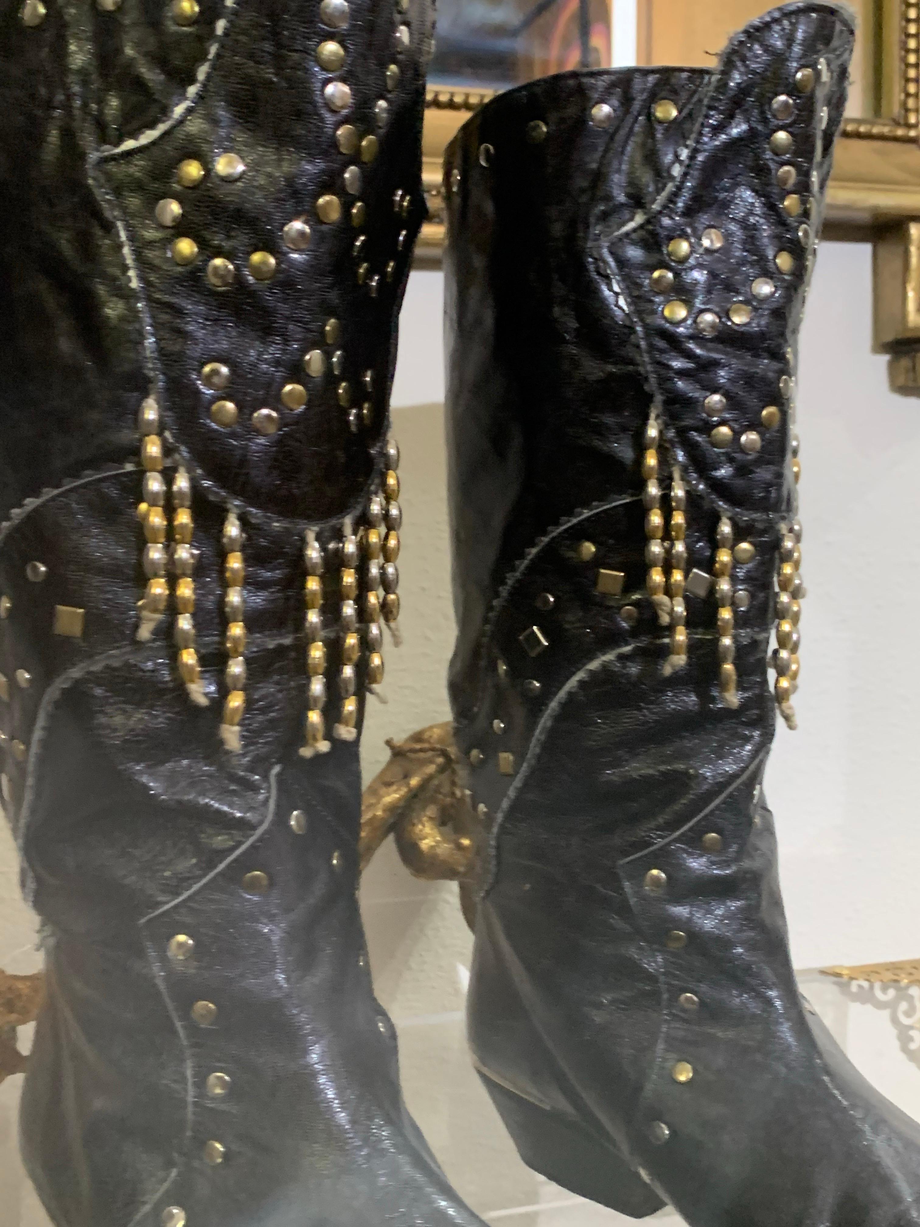 1980s Margaret Jerrold Black Leather Western Boots w Brass & Chrome Stud Fringe For Sale 1
