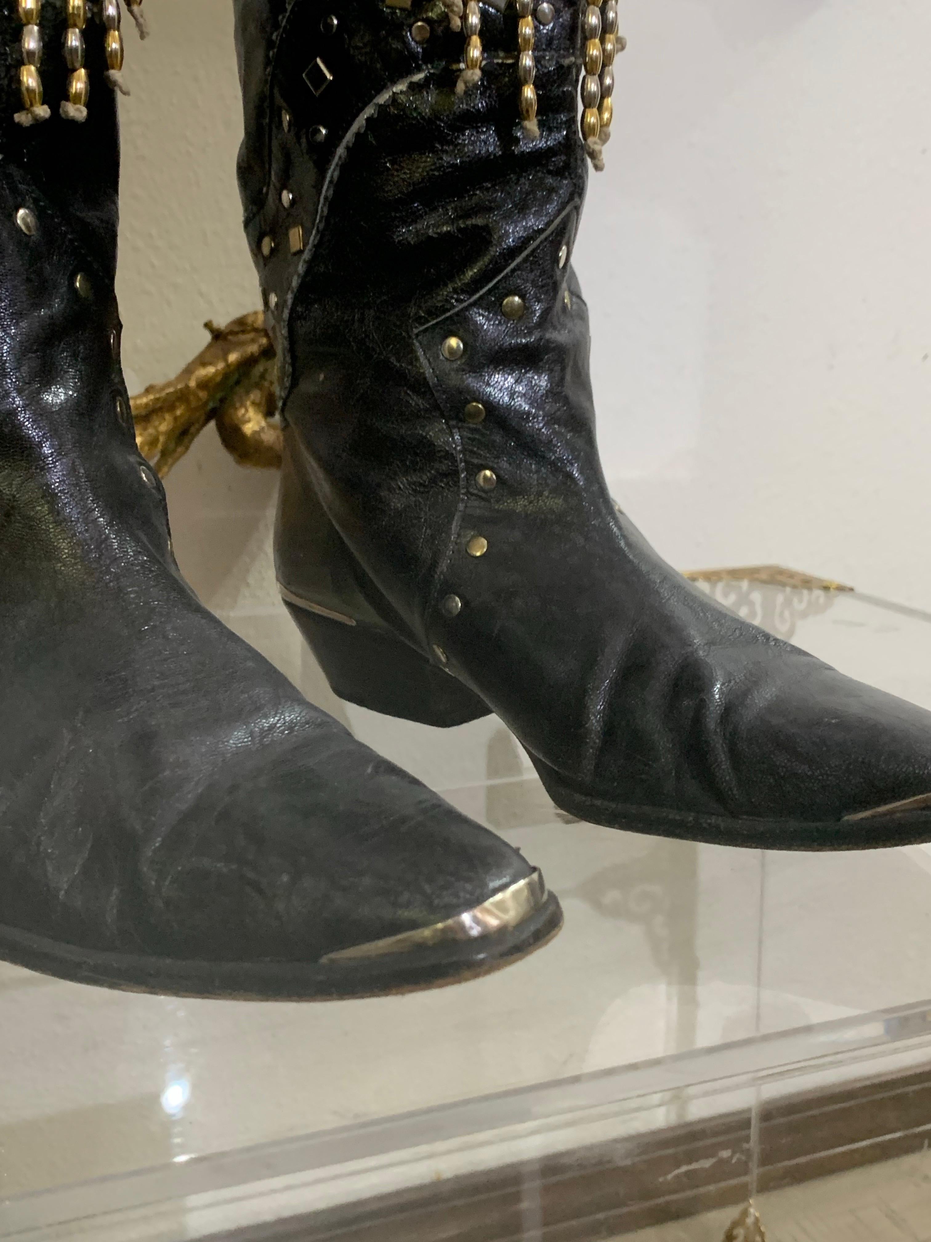 1980s Margaret Jerrold Black Leather Western Boots w Brass & Chrome Stud Fringe For Sale 2