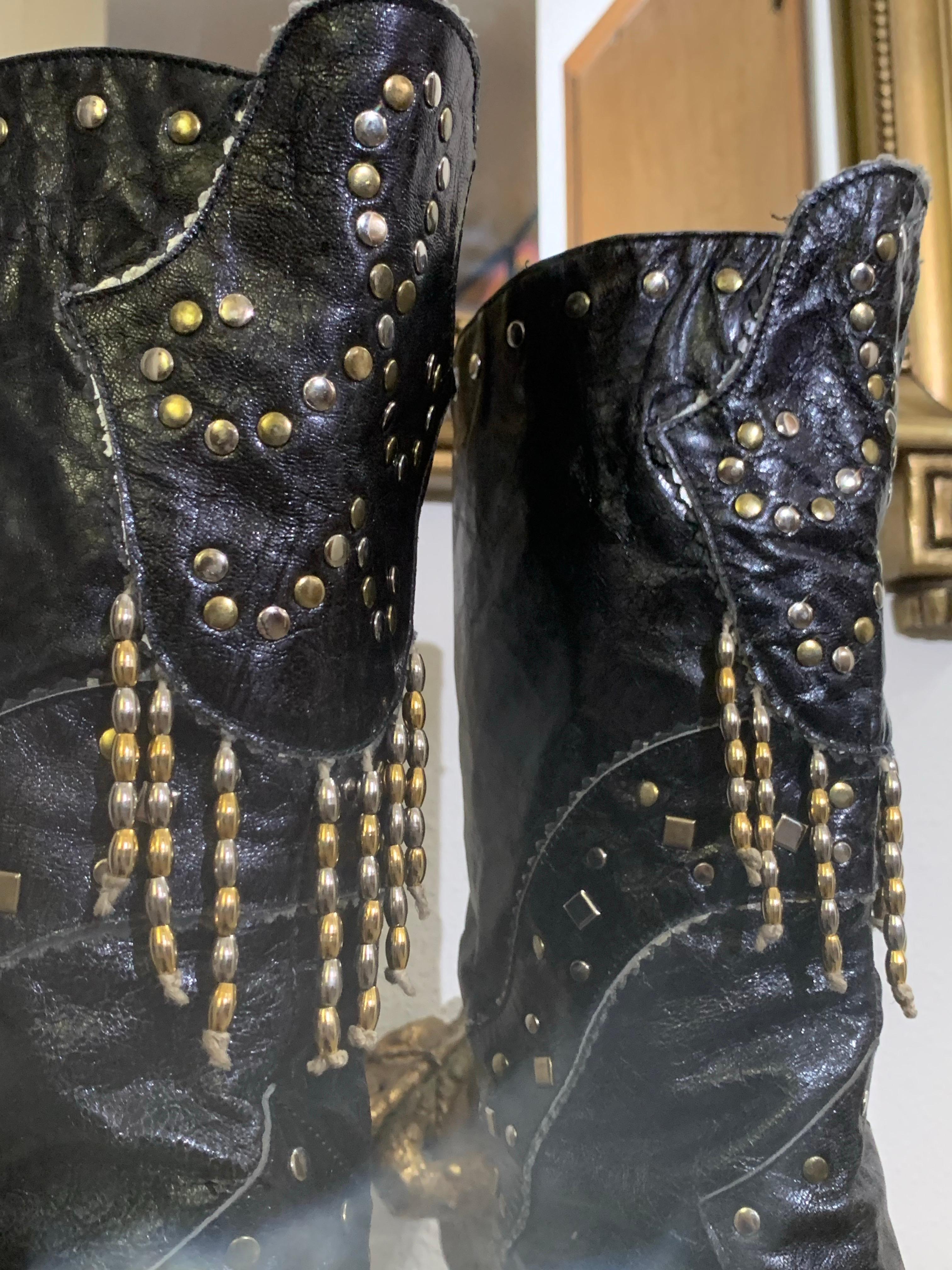 1980s Margaret Jerrold Black Leather Western Boots w Brass & Chrome Stud Fringe For Sale 3