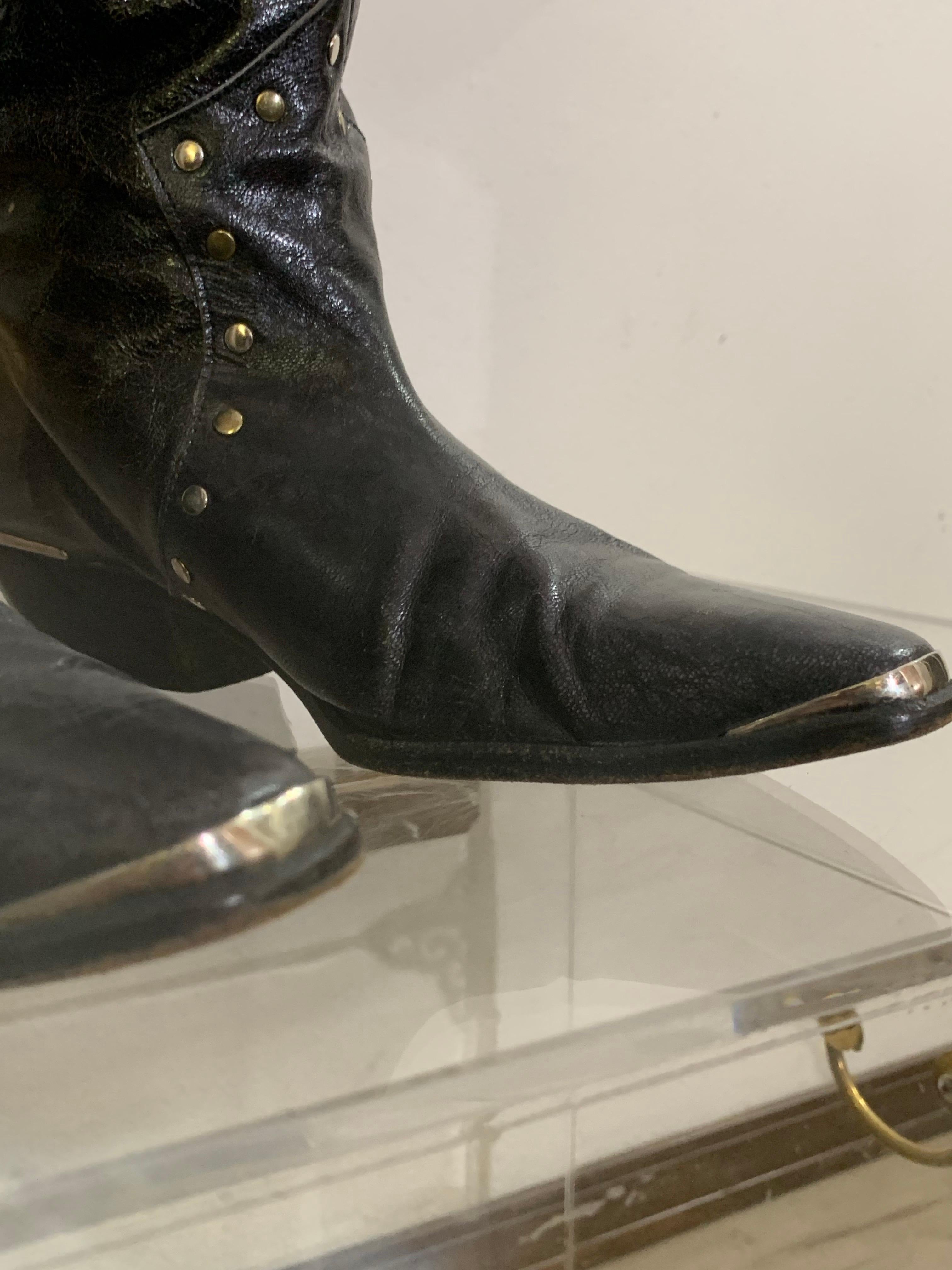 1980s Margaret Jerrold Black Leather Western Boots w Brass & Chrome Stud Fringe For Sale 4