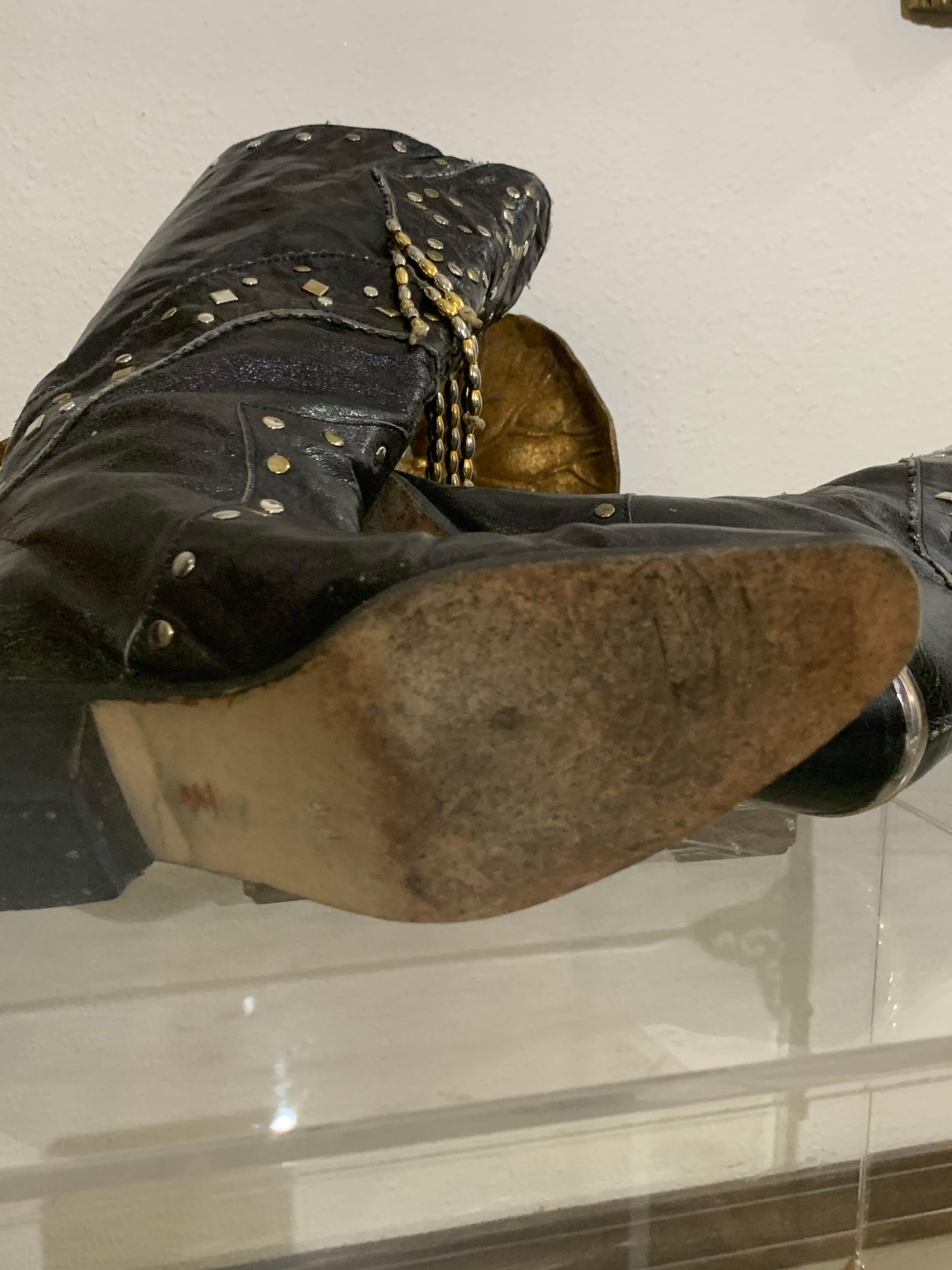 1980s Margaret Jerrold Black Leather Western Boots w Brass & Chrome Stud Fringe For Sale 5