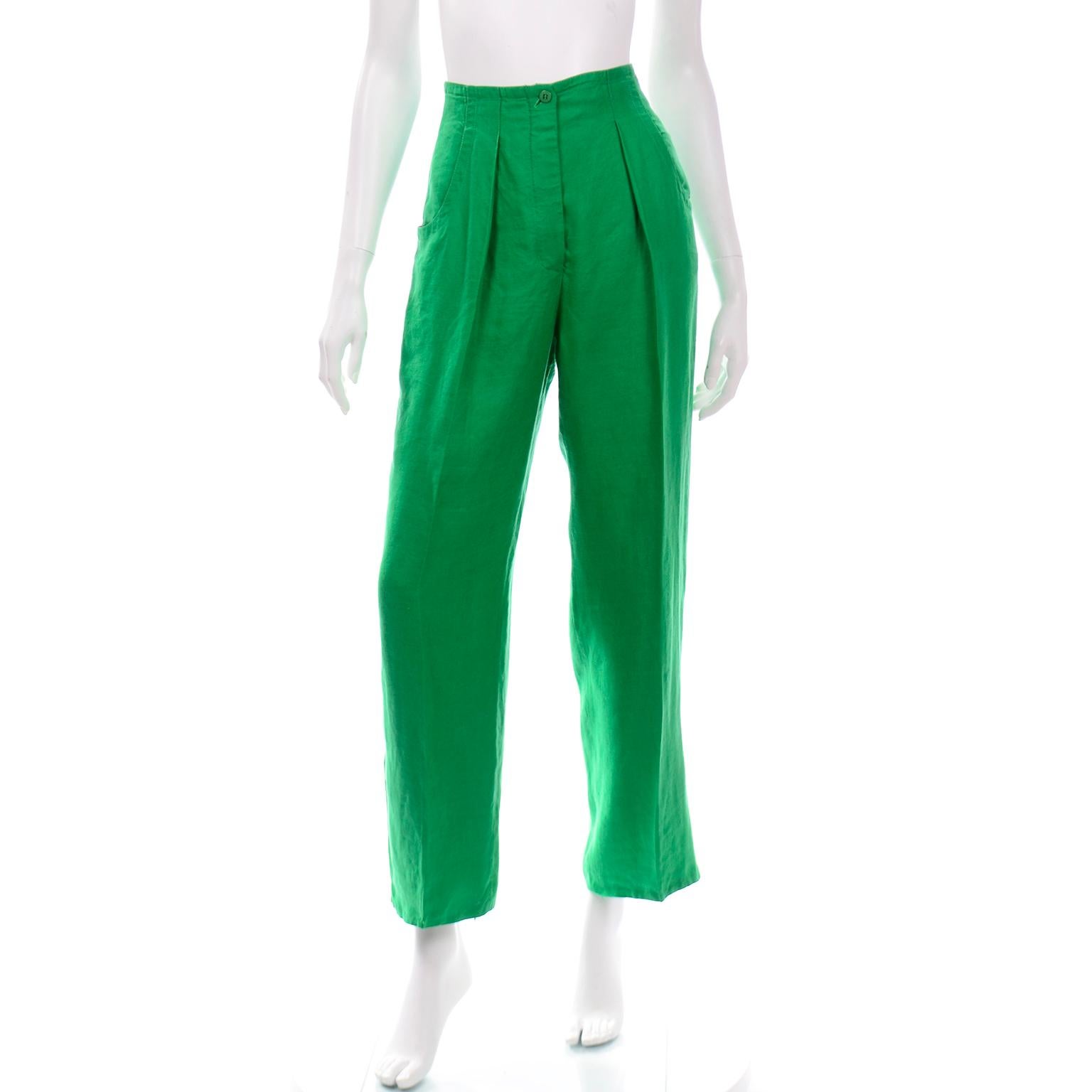 1980s Margaretha Ley Escada Green Linen Jeweled Cropped Jacket & Pants Suit 6