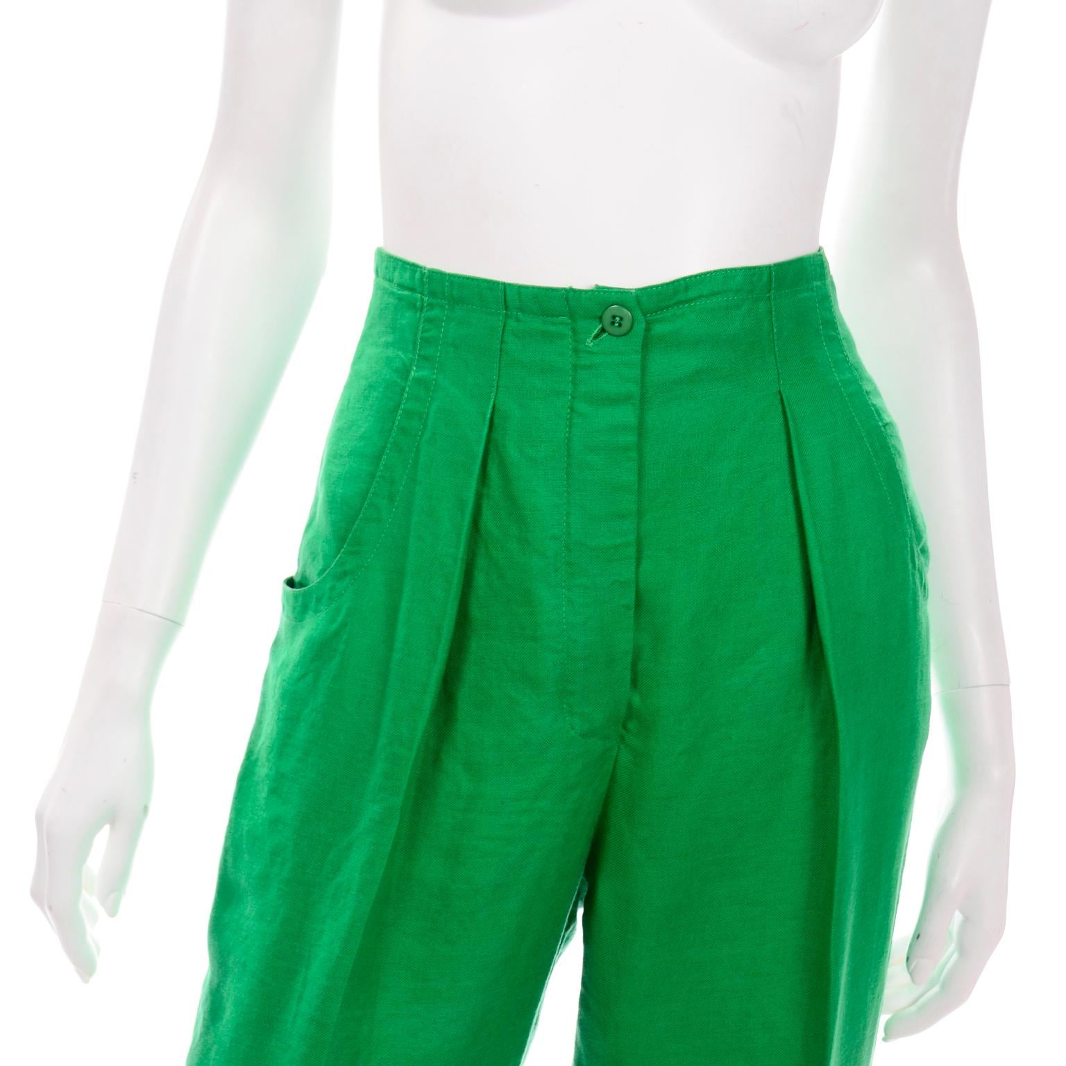 1980s Margaretha Ley Escada Green Linen Jeweled Cropped Jacket & Pants Suit 7