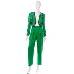 1980s Margaretha Ley Escada Green Linen Jeweled Cropped Jacket & Pants Suit