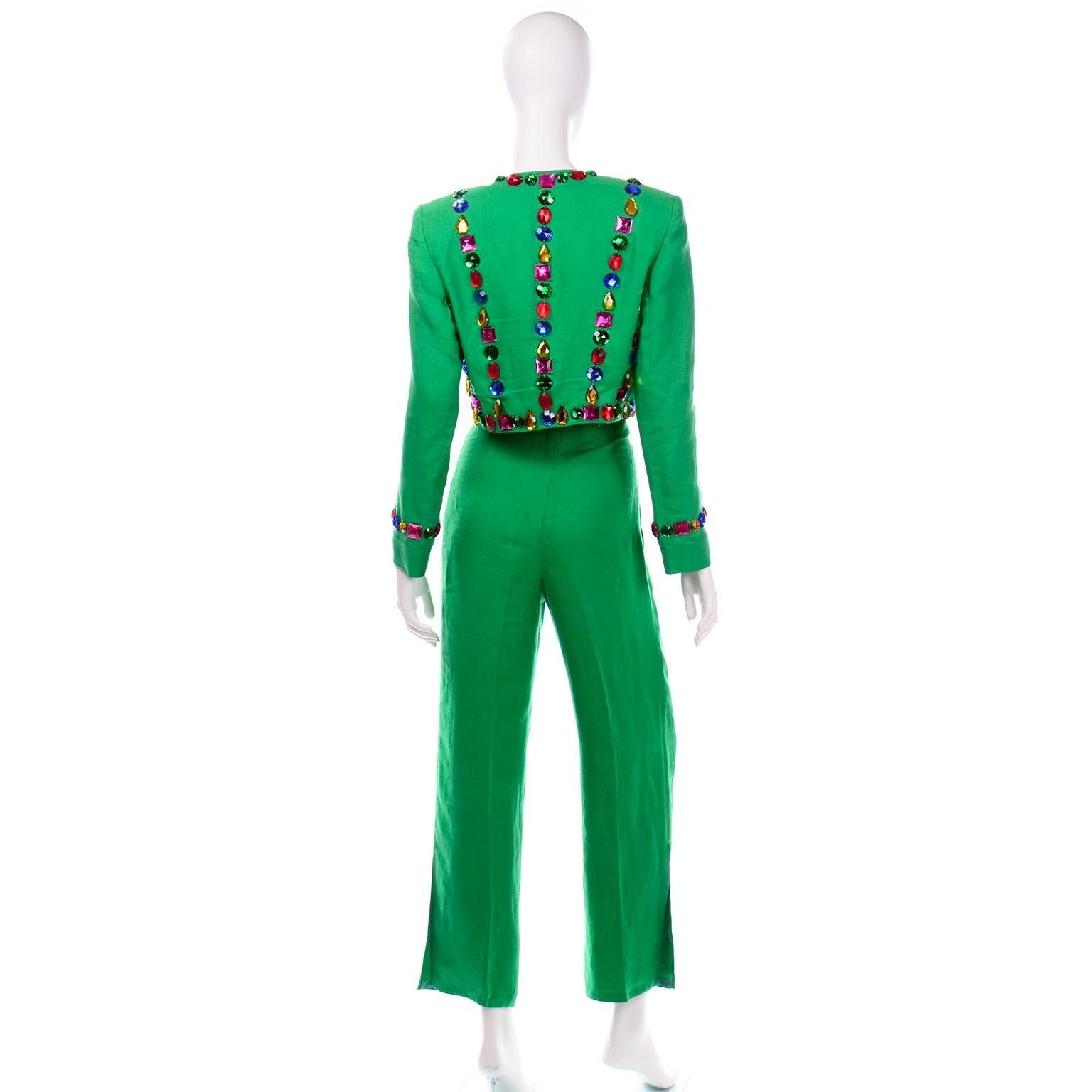 1980s Margaretha Ley Escada Green Linen Jeweled Cropped Jacket & Pants Suit In Good Condition In Portland, OR