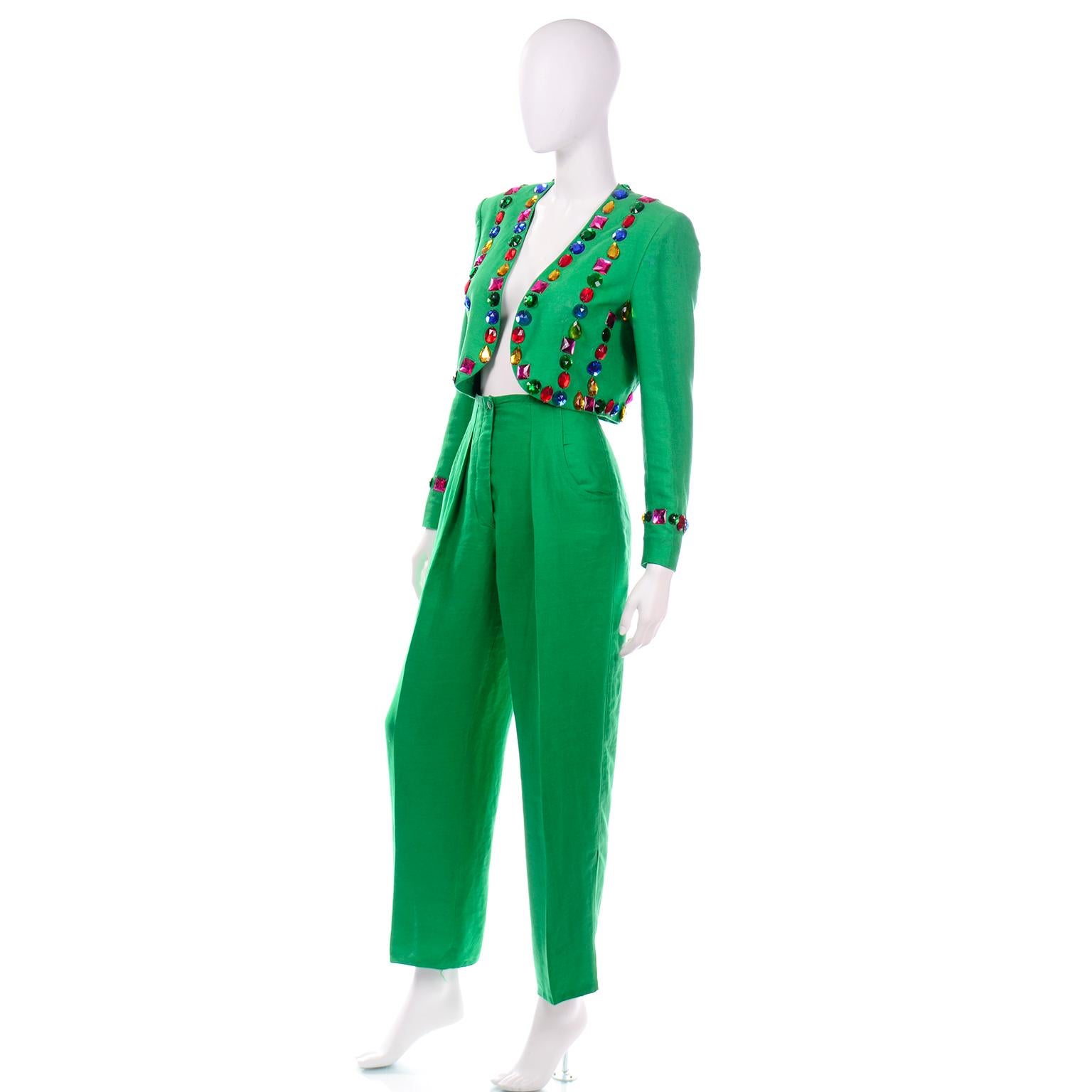 Women's 1980s Margaretha Ley Escada Green Linen Jeweled Cropped Jacket & Pants Suit