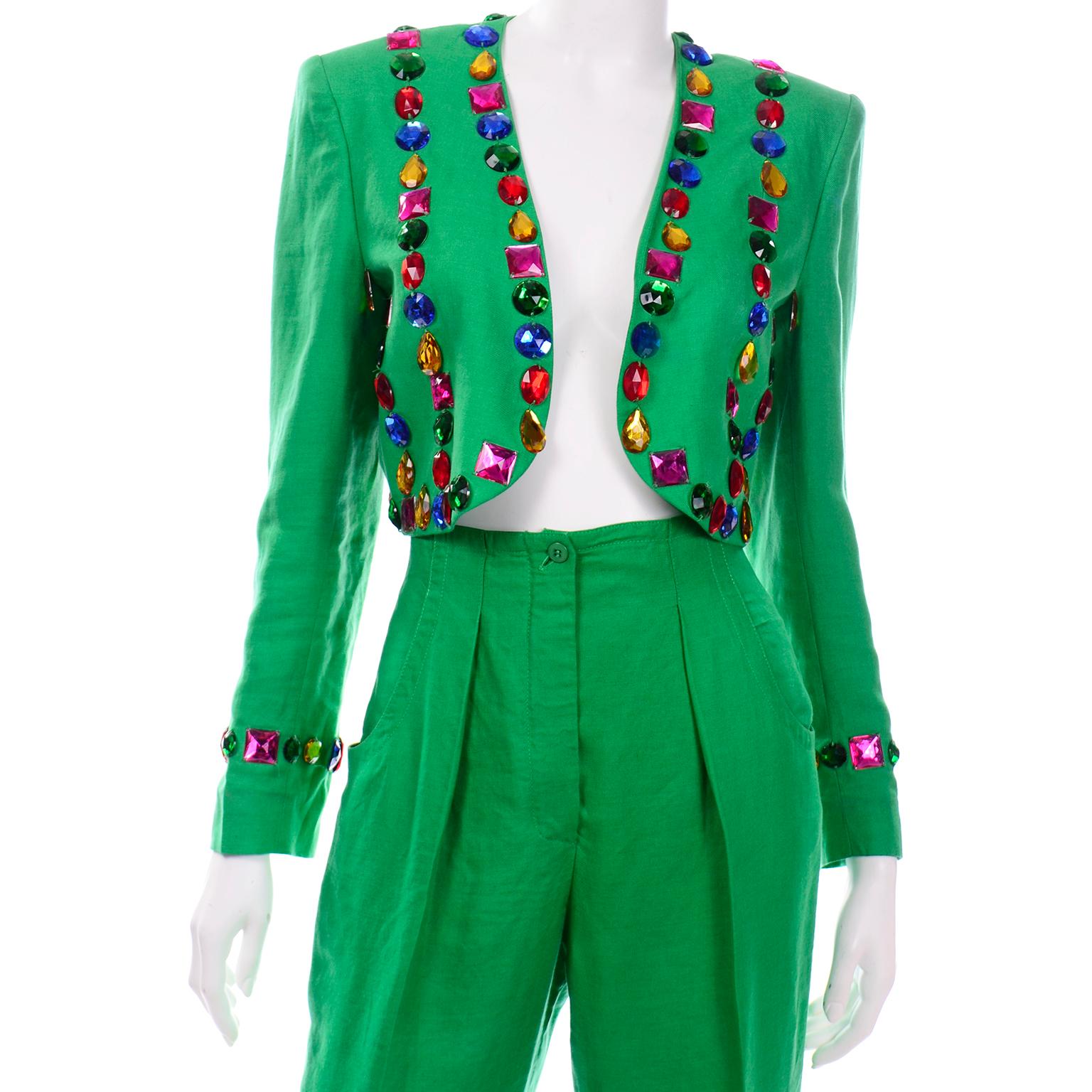 1980s Margaretha Ley Escada Green Linen Jeweled Cropped Jacket & Pants Suit 1