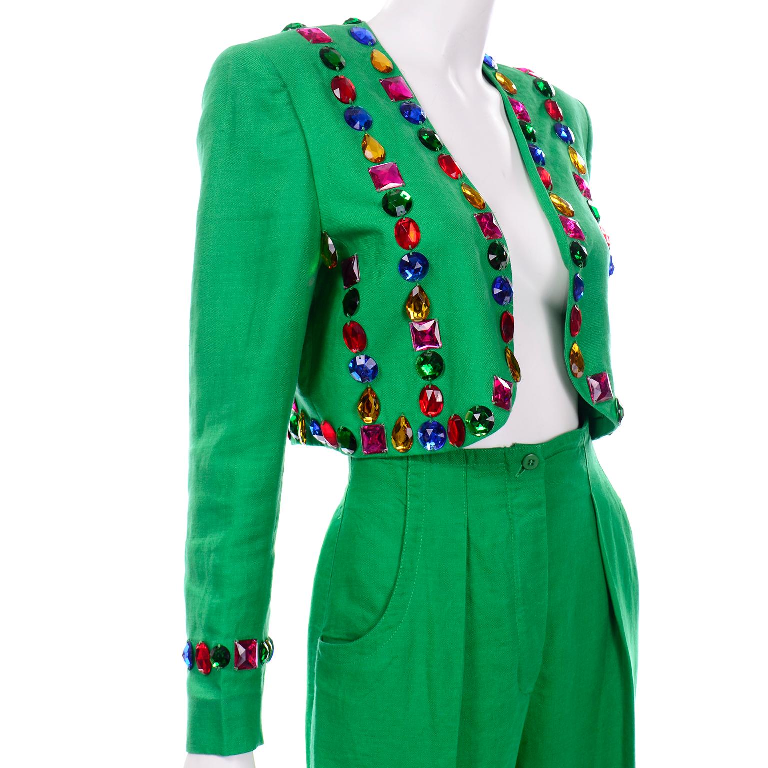 1980s Margaretha Ley Escada Green Linen Jeweled Cropped Jacket & Pants Suit 2