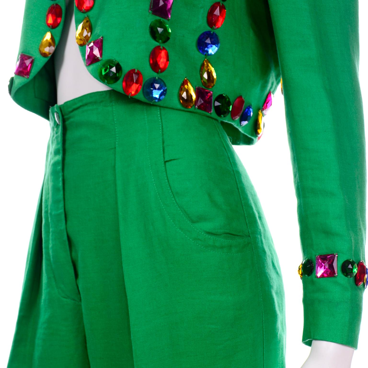 1980s Margaretha Ley Escada Green Linen Jeweled Cropped Jacket & Pants Suit 4