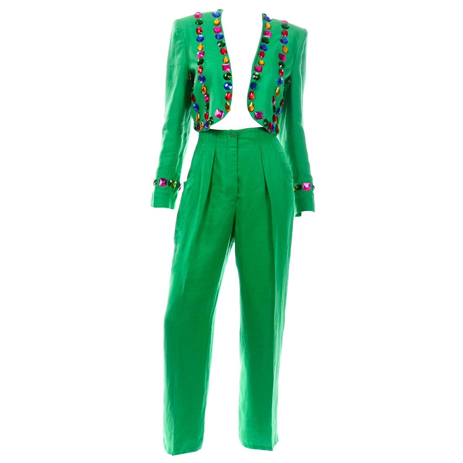 1980s Margaretha Ley Escada Green Linen Jeweled Cropped Jacket & Pants Suit
